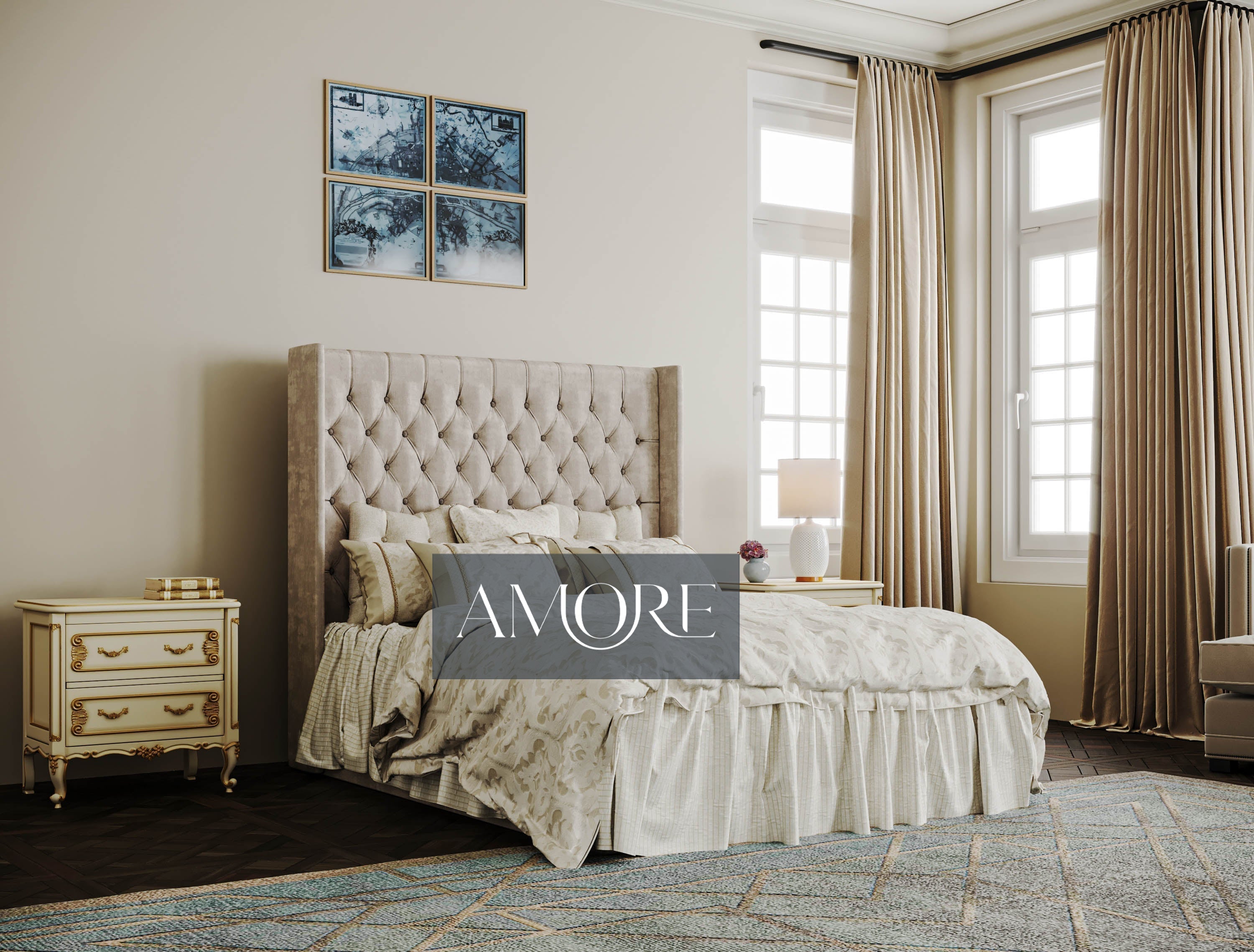 Sutton Chesterfield Upholstered Wingback Bed - Amore