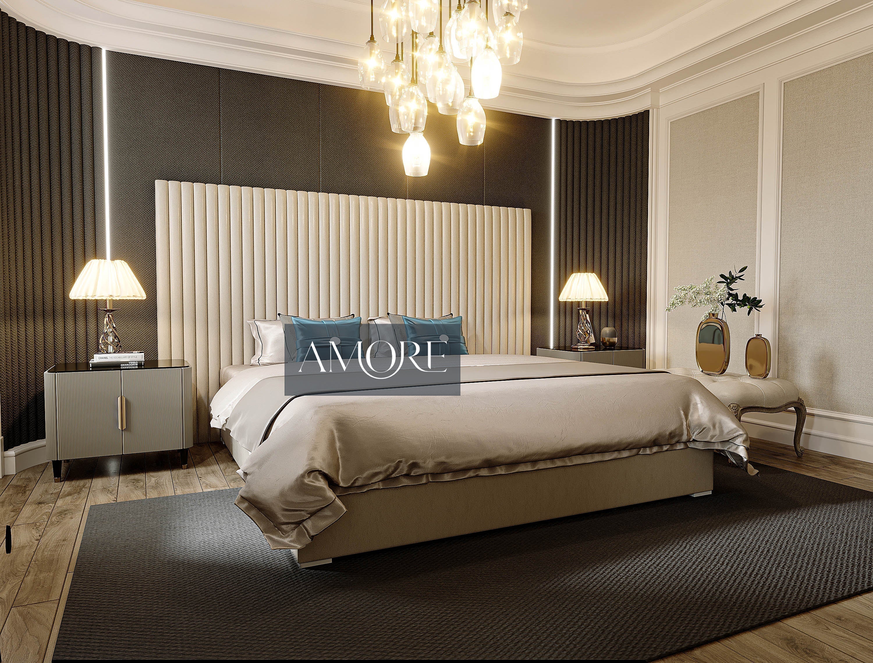 Hugo Lines Panel Wide Headboard Bed, Fabric Bed, Lines Bed, Wide Headboard Bed