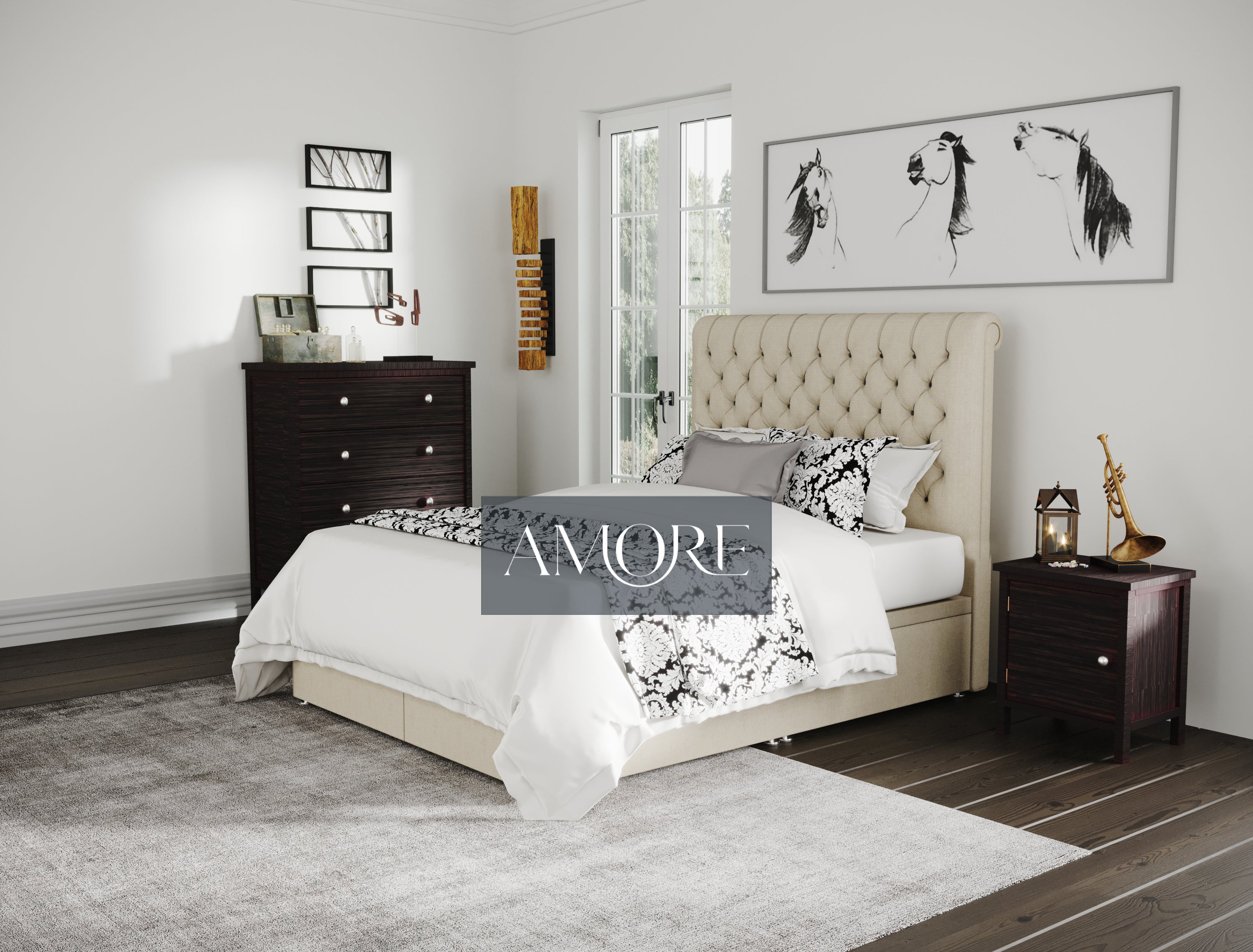 Braxton Chesterfield Sleigh Scroll Divan Ottoman Storage Bed - Amore