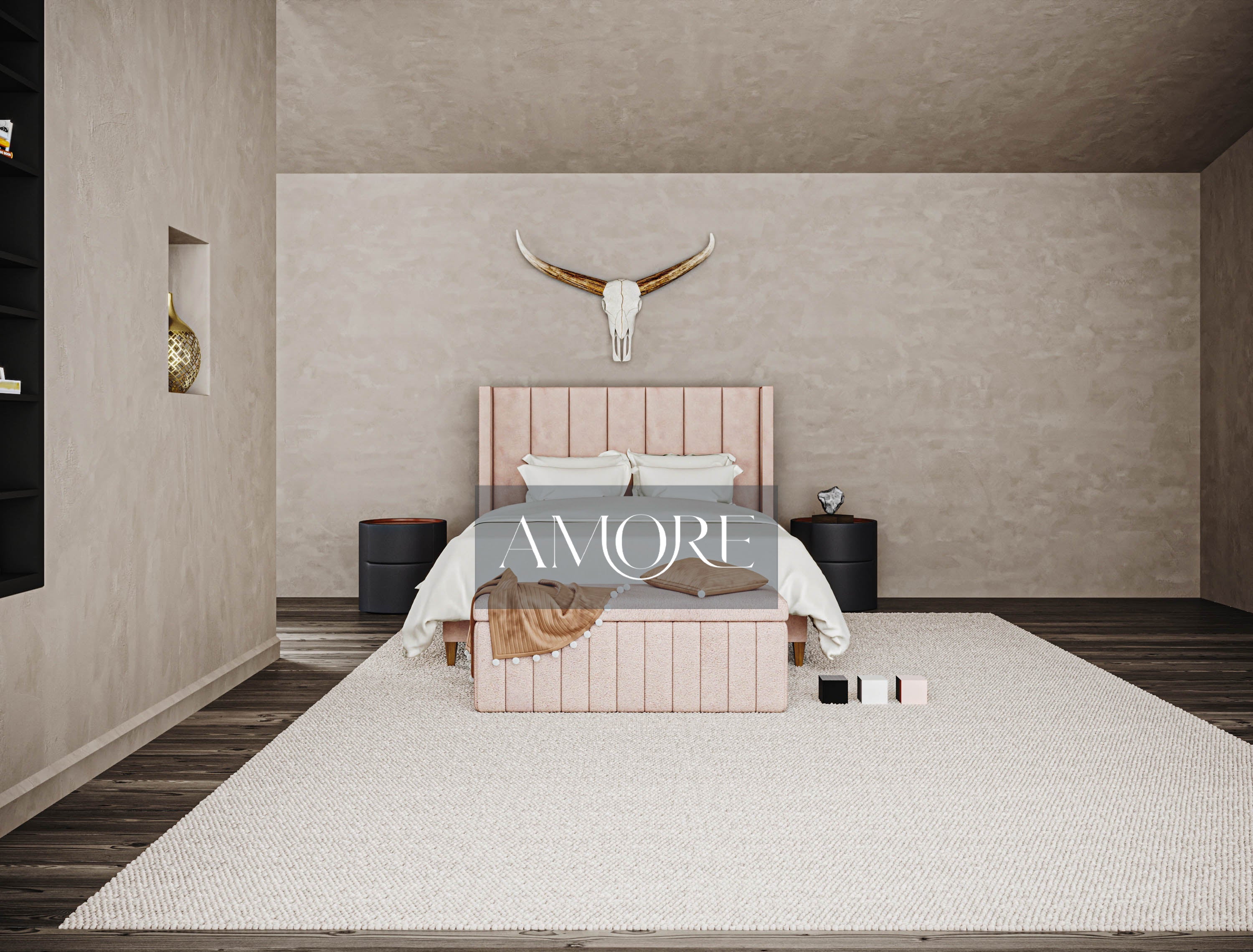 Luna Low Footend Stripe Panel Lined Winged Bed - Amore