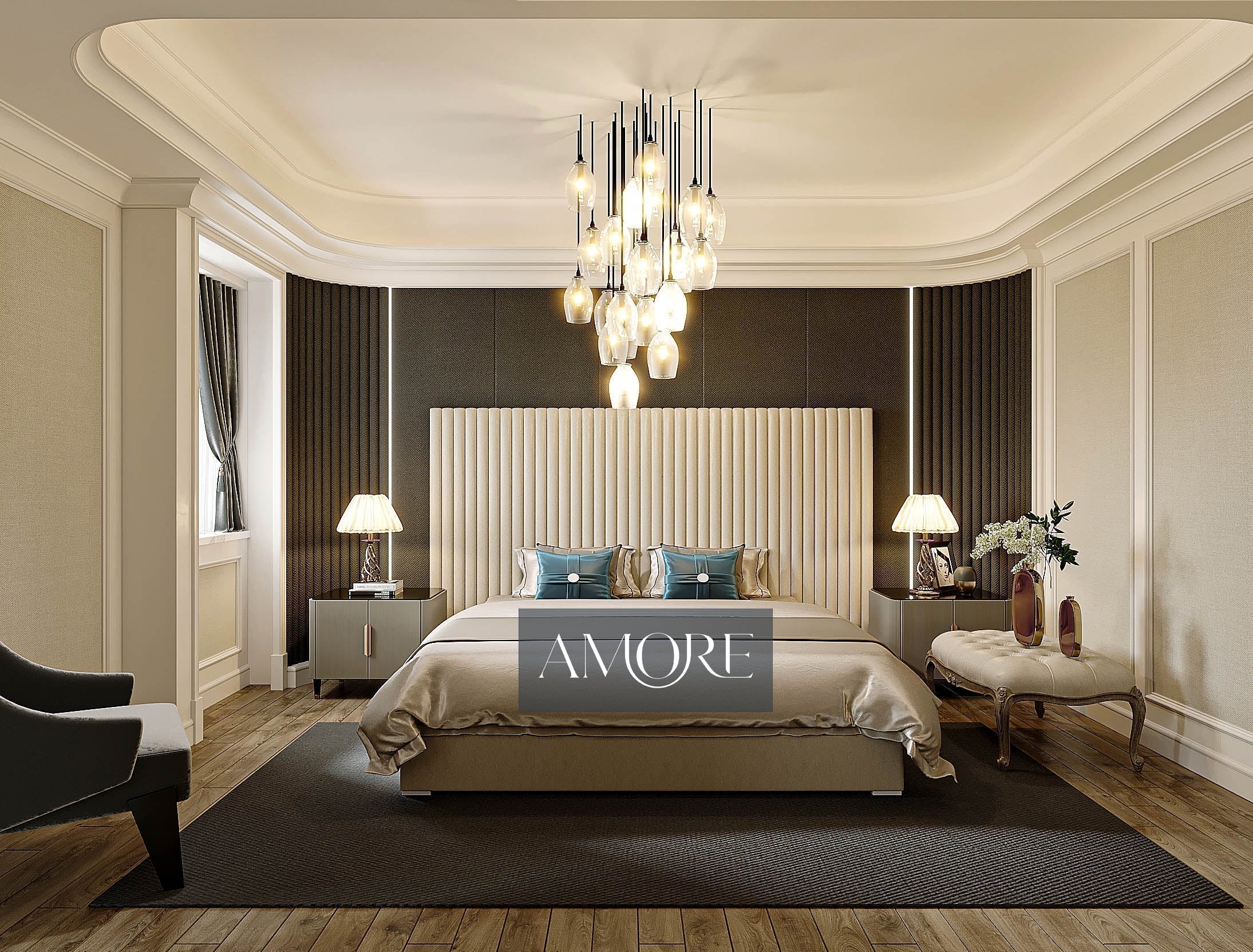 Hugo Lines Panel Wide Headboard Bed, Fabric Bed, Lines Bed, Wide Headboard Bed