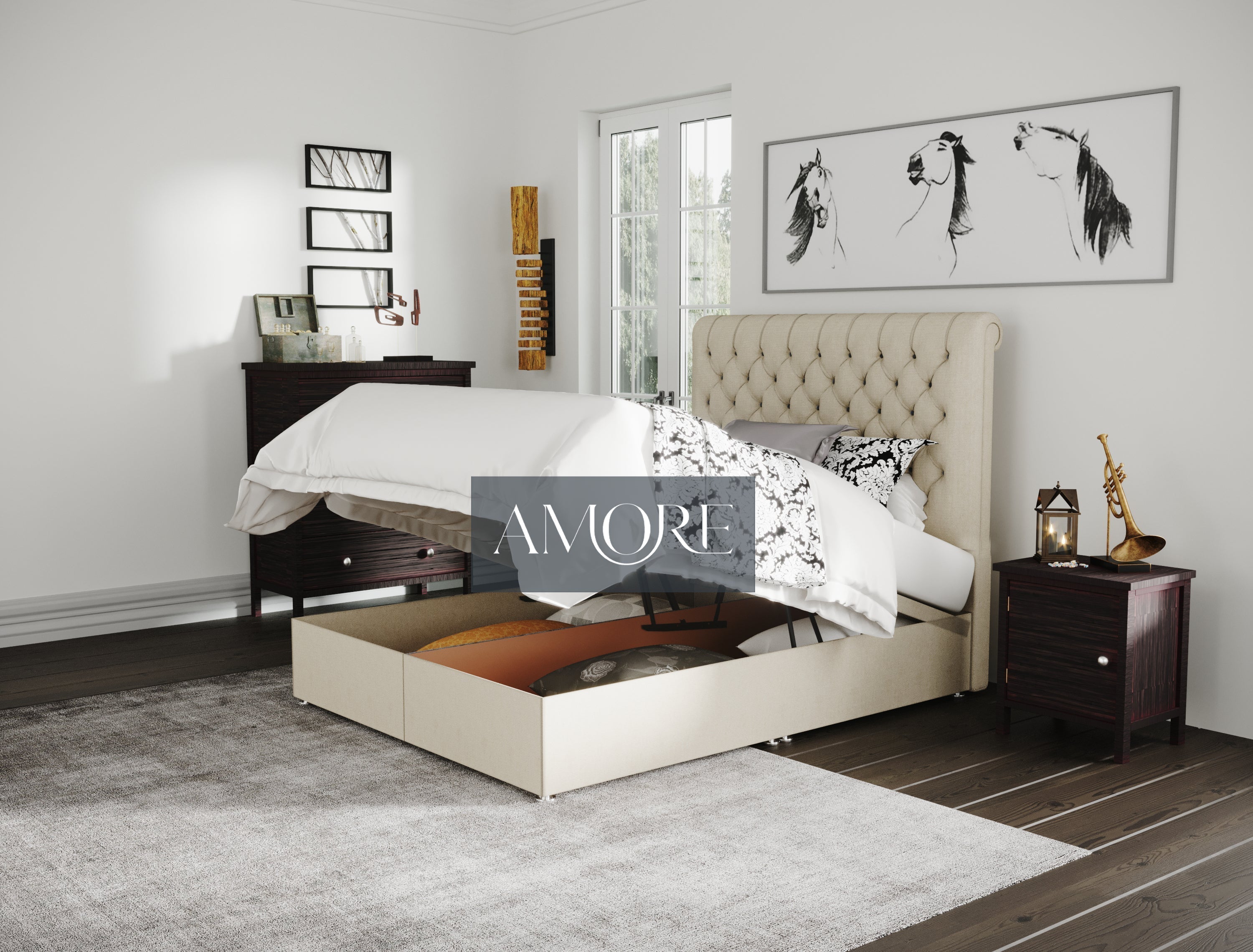 Braxton Chesterfield Sleigh Scroll Divan Ottoman Storage Bed - Amore