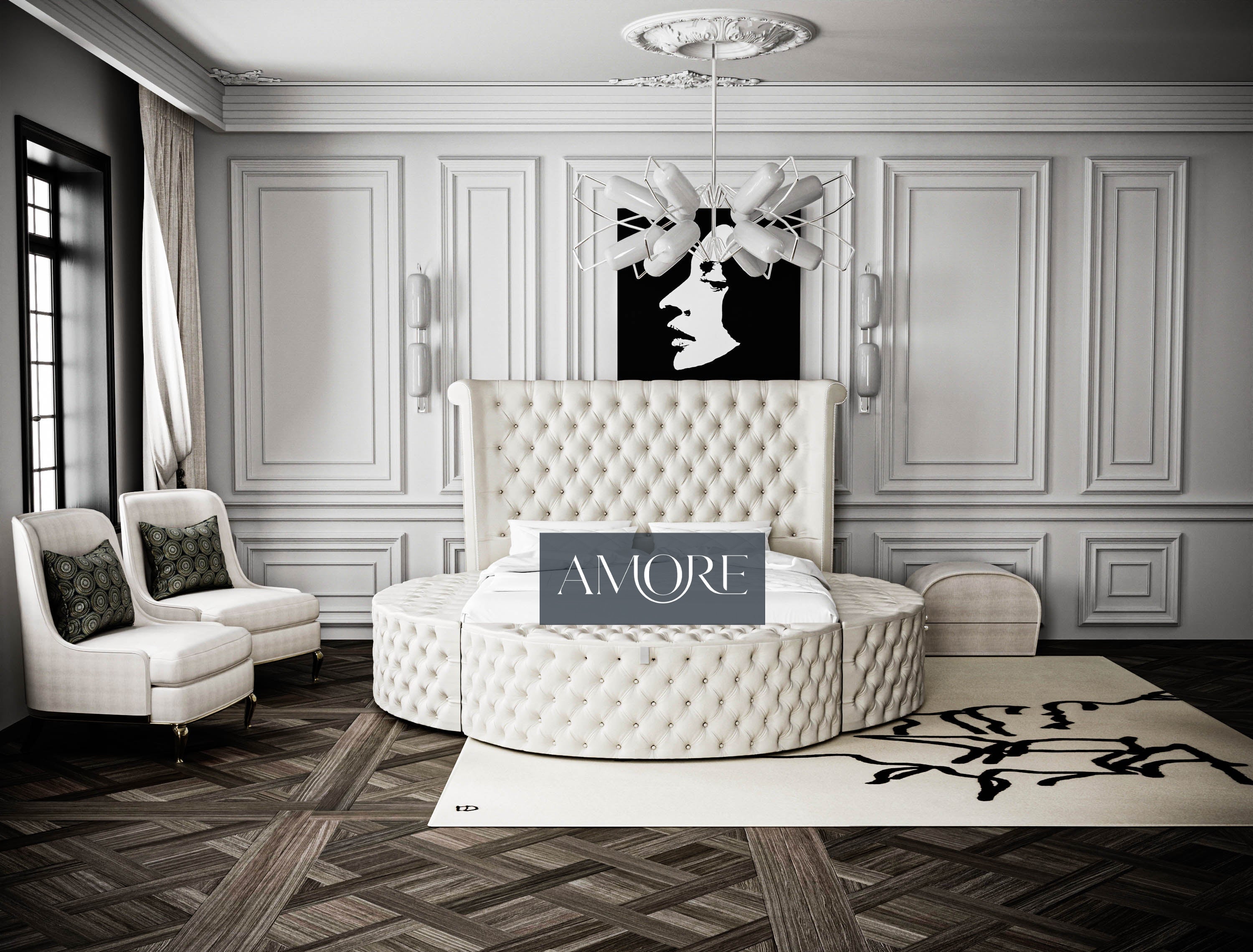 Deacon Round Chesterfield Storage Bed, Round Bed, Round fabric bed, UK bed, upholstered bed, cream velvet bed,cream bed
