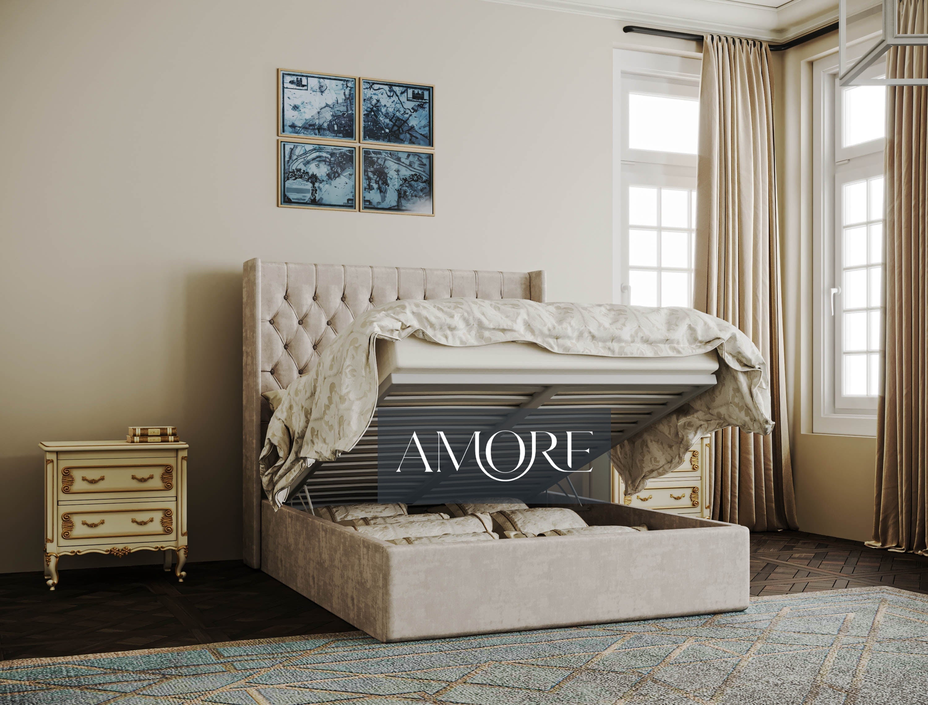 Sutton Chesterfield Upholstered Wingback Bed - Amore