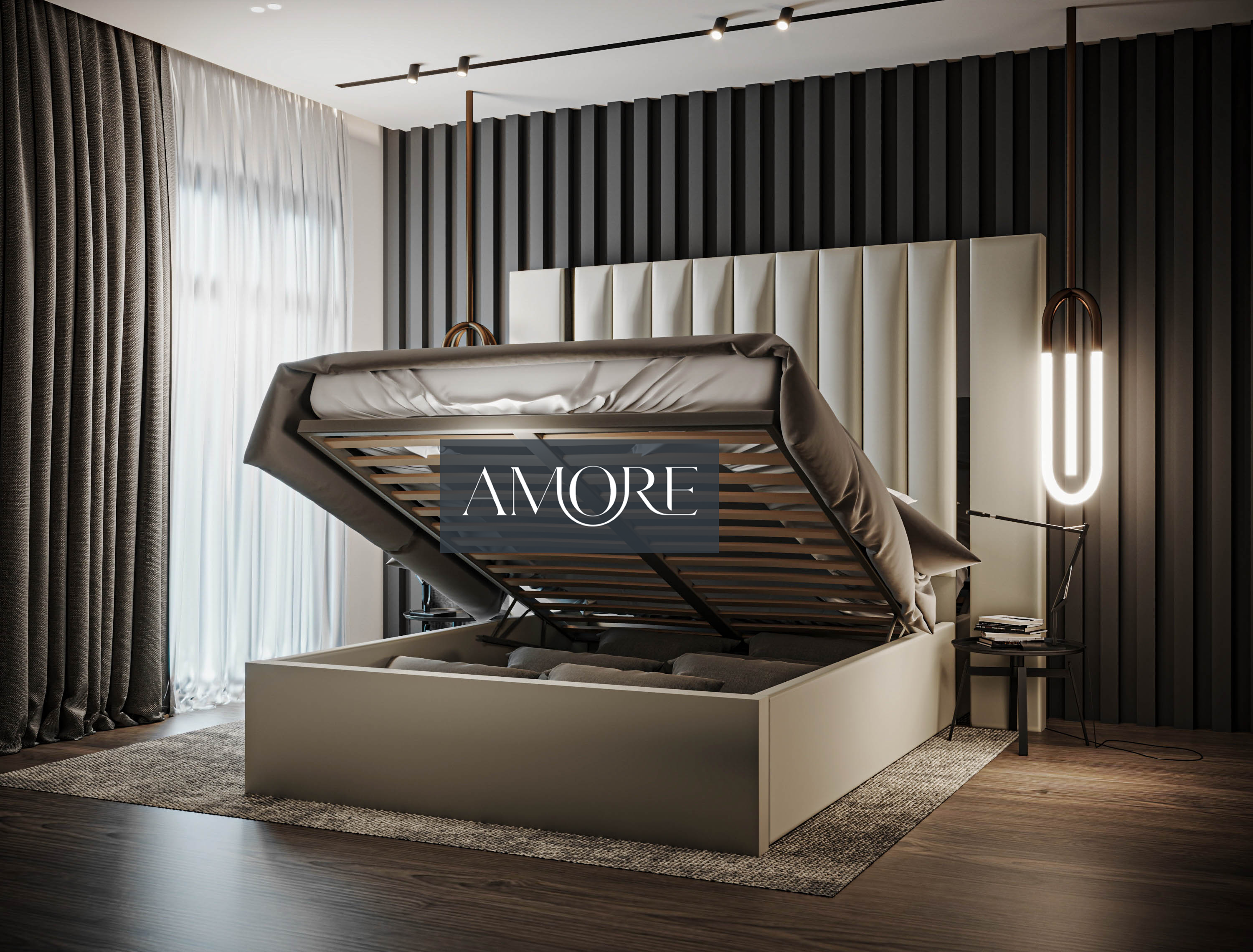 Aurora Wide Extended Headboard Mirror Stripe Panelled Bed
