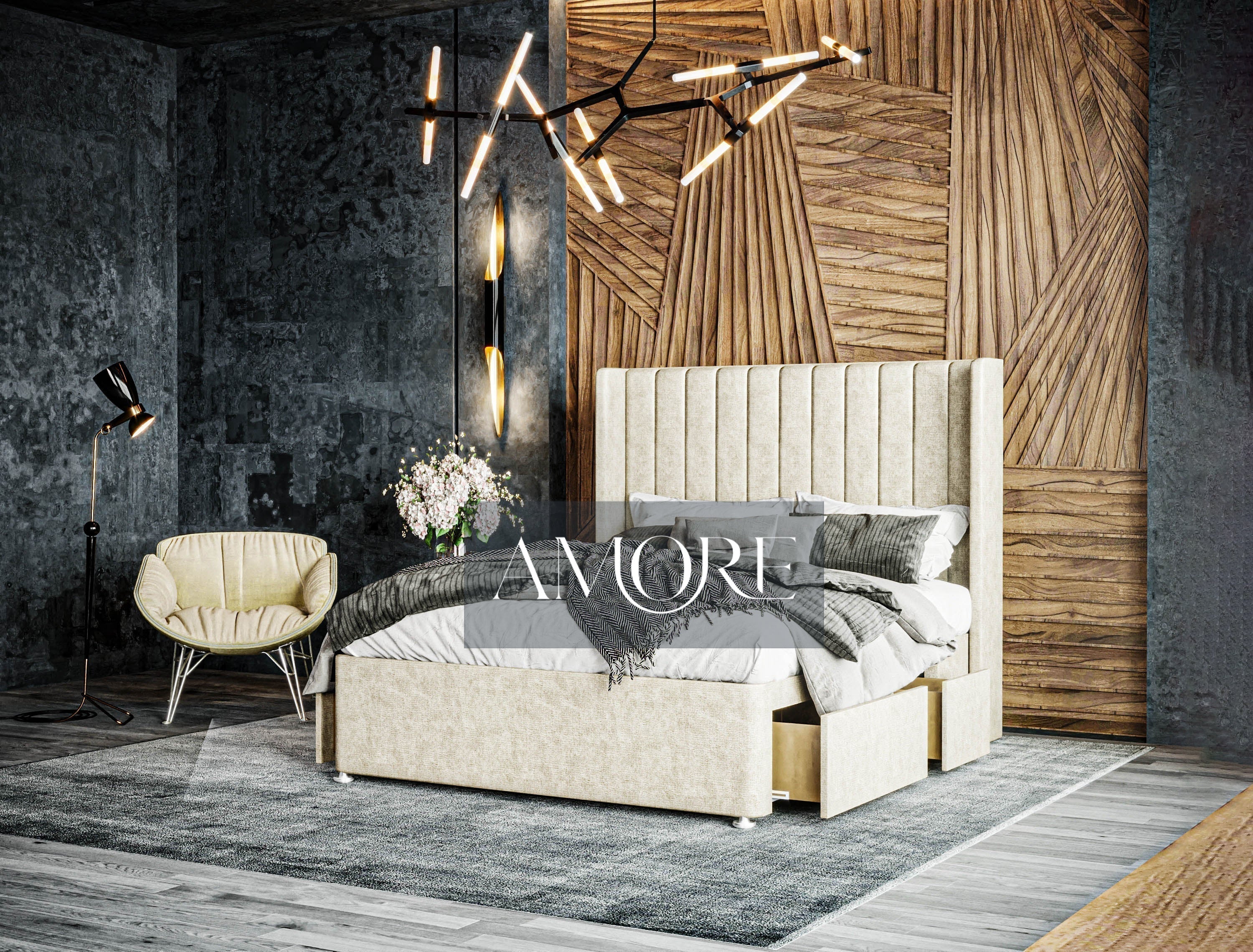 Eliza Stripe Winged Divan Drawer Storage Bed - Amore