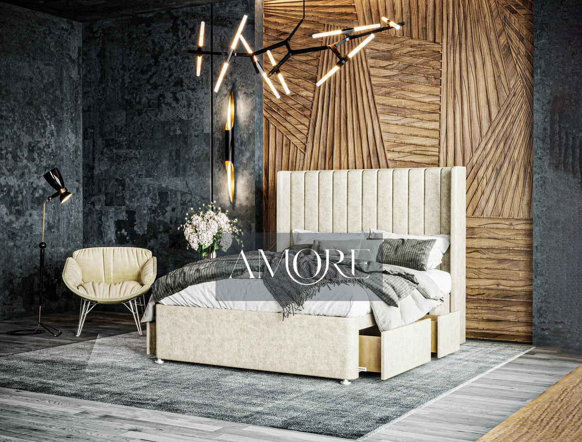 Eliza Stripe Winged Divan Drawer Storage Bed - Amore