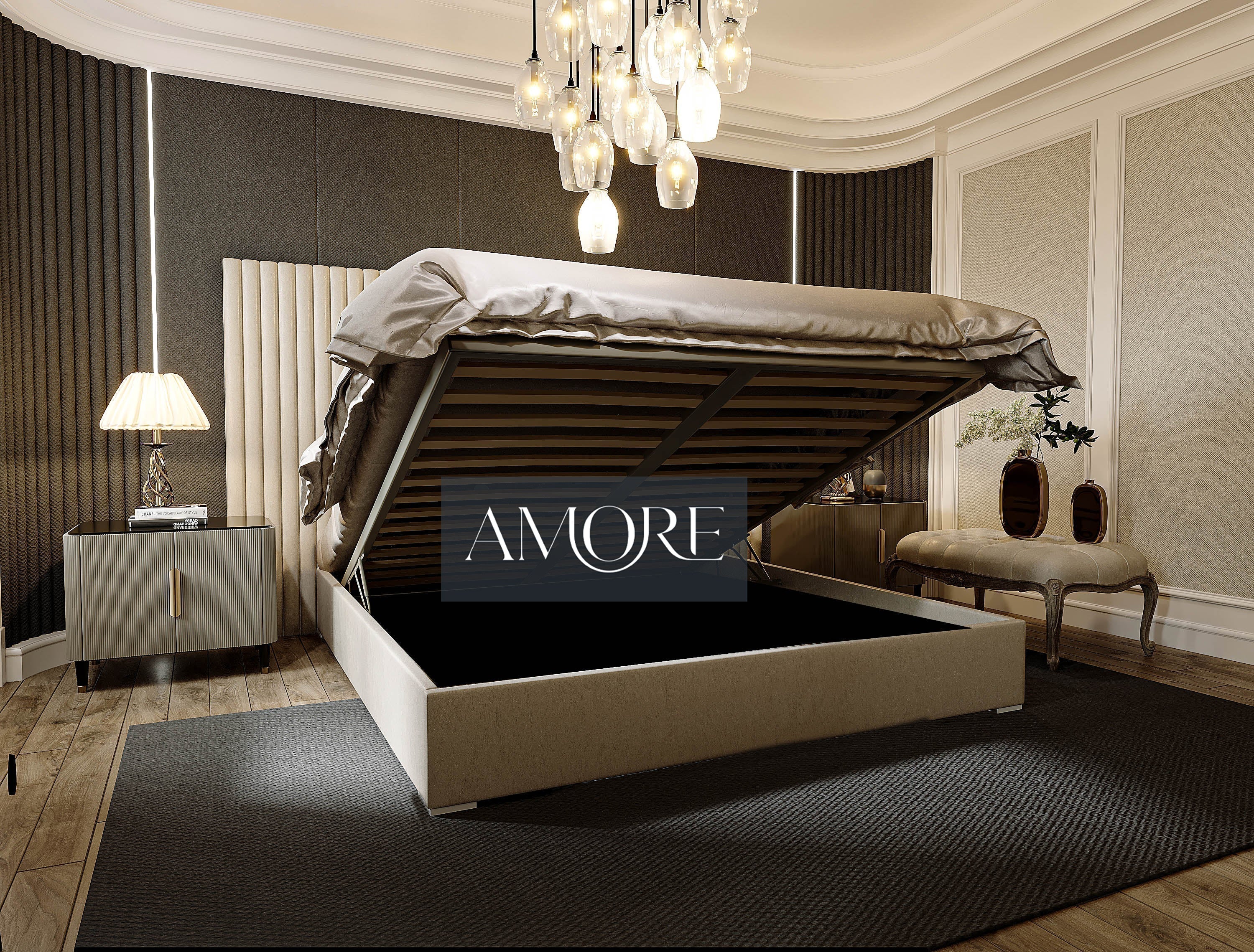 Hugo Lines Panel Wide Headboard Bed, Fabric Bed, Lines Bed, Wide Headboard Bed