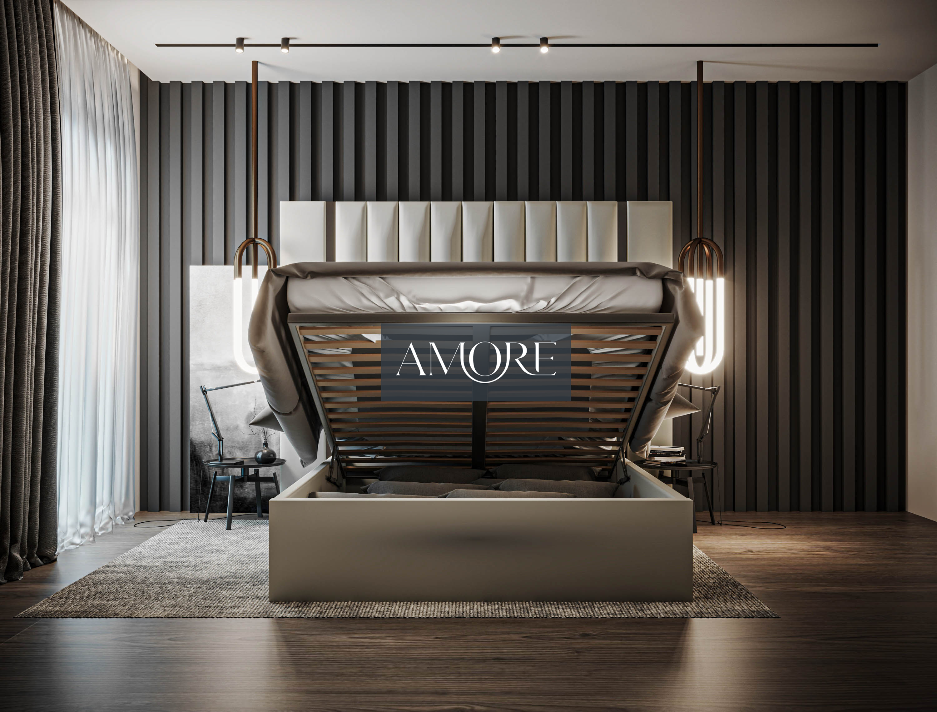 Aurora Wide Extended Headboard Mirror Stripe Panelled Bed