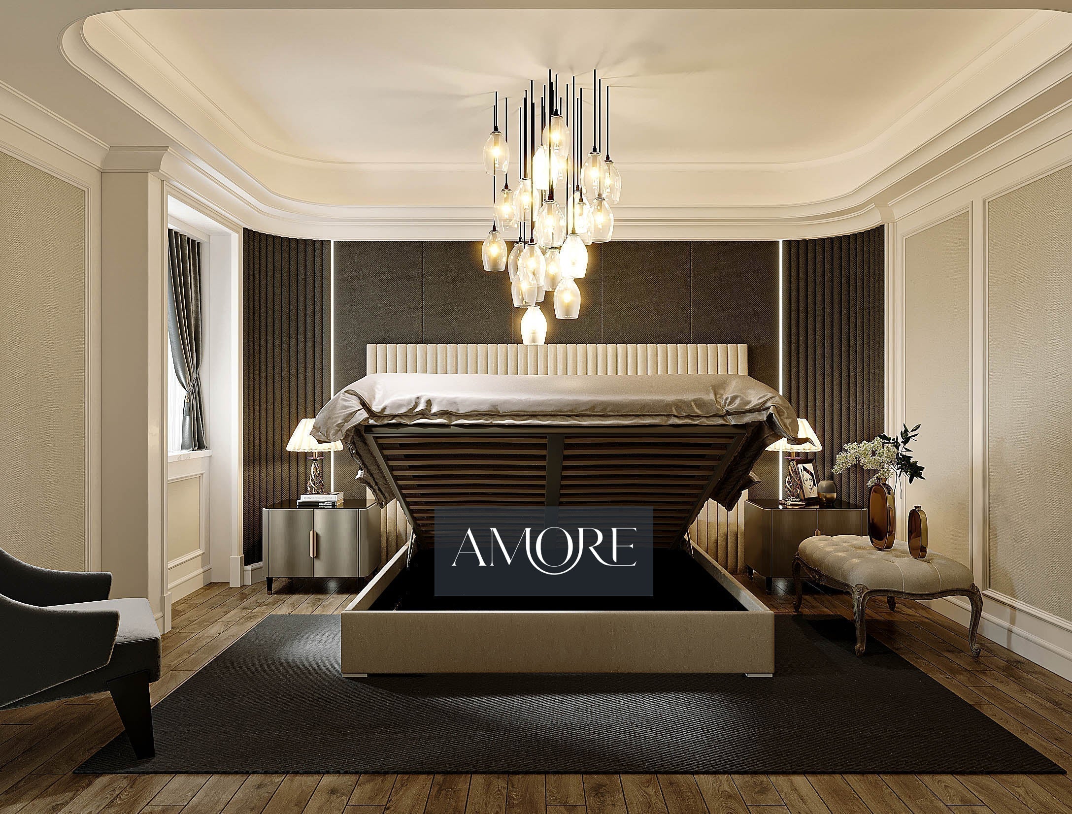 Hugo Lines Panel Wide Headboard Bed, Fabric Bed, Lines Bed, Wide Headboard Bed