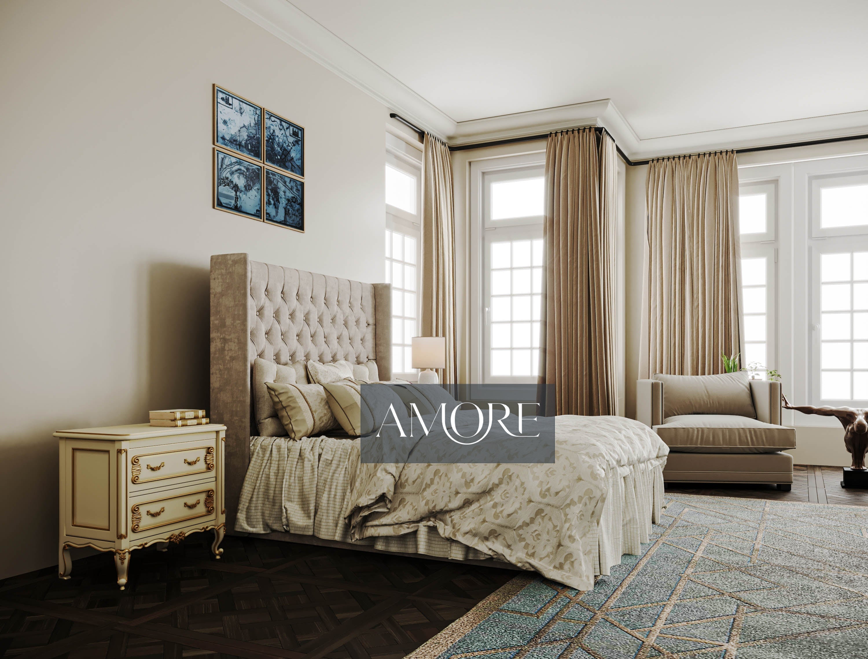 Sutton Chesterfield Upholstered Wingback Bed - Amore