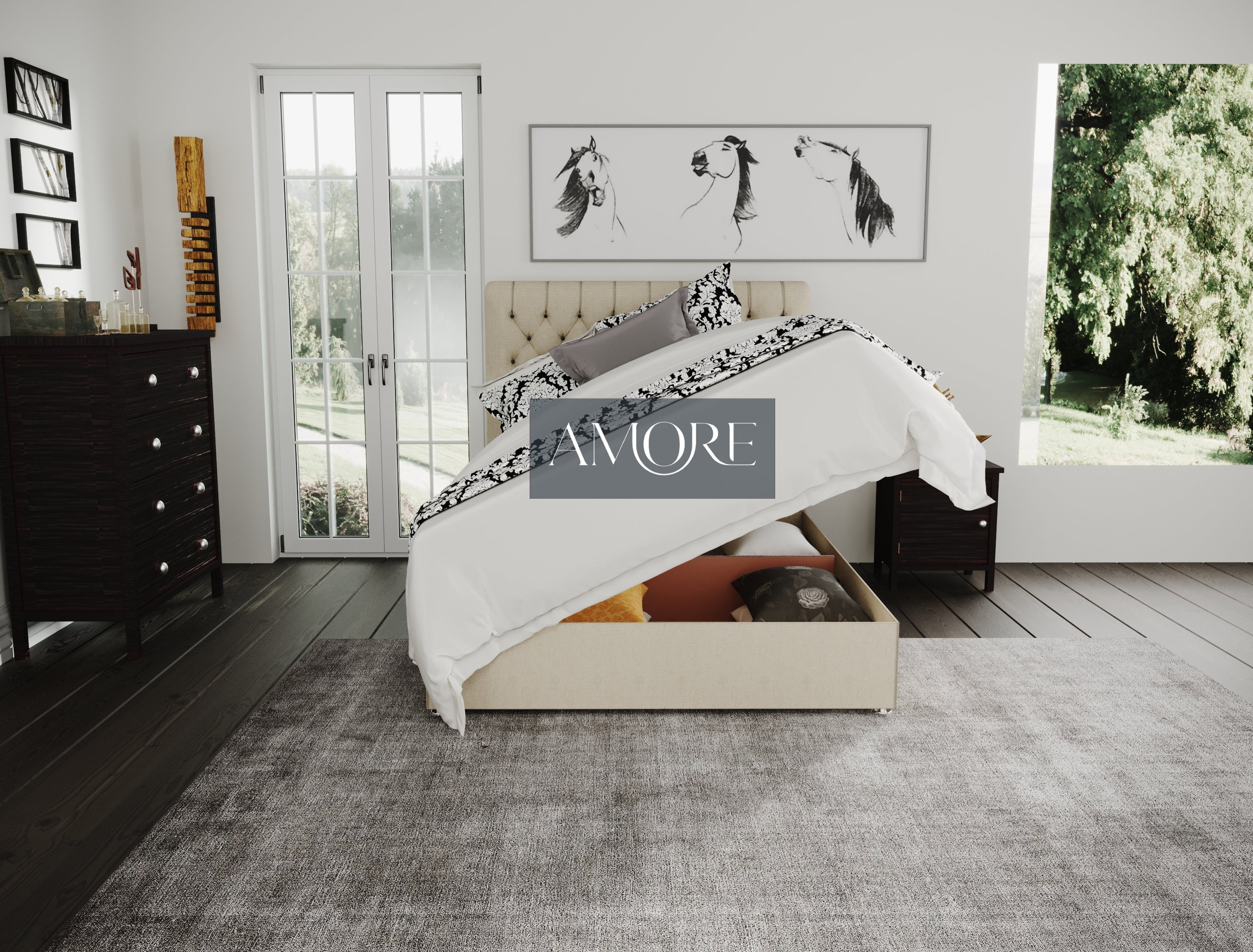 Braxton Chesterfield Sleigh Scroll Divan Ottoman Storage Bed - Amore