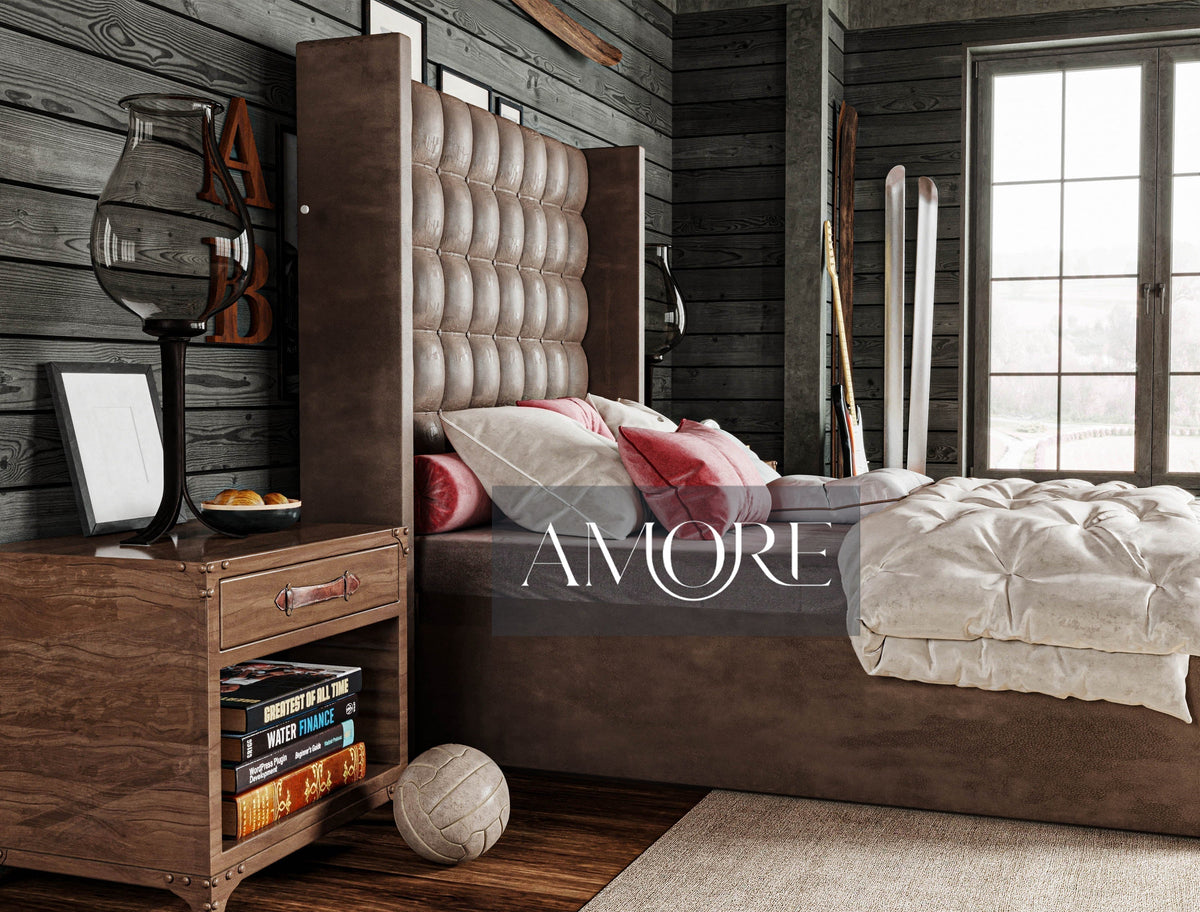 Isabelle Tall Headboard Winged Cube Design Bed - Amore