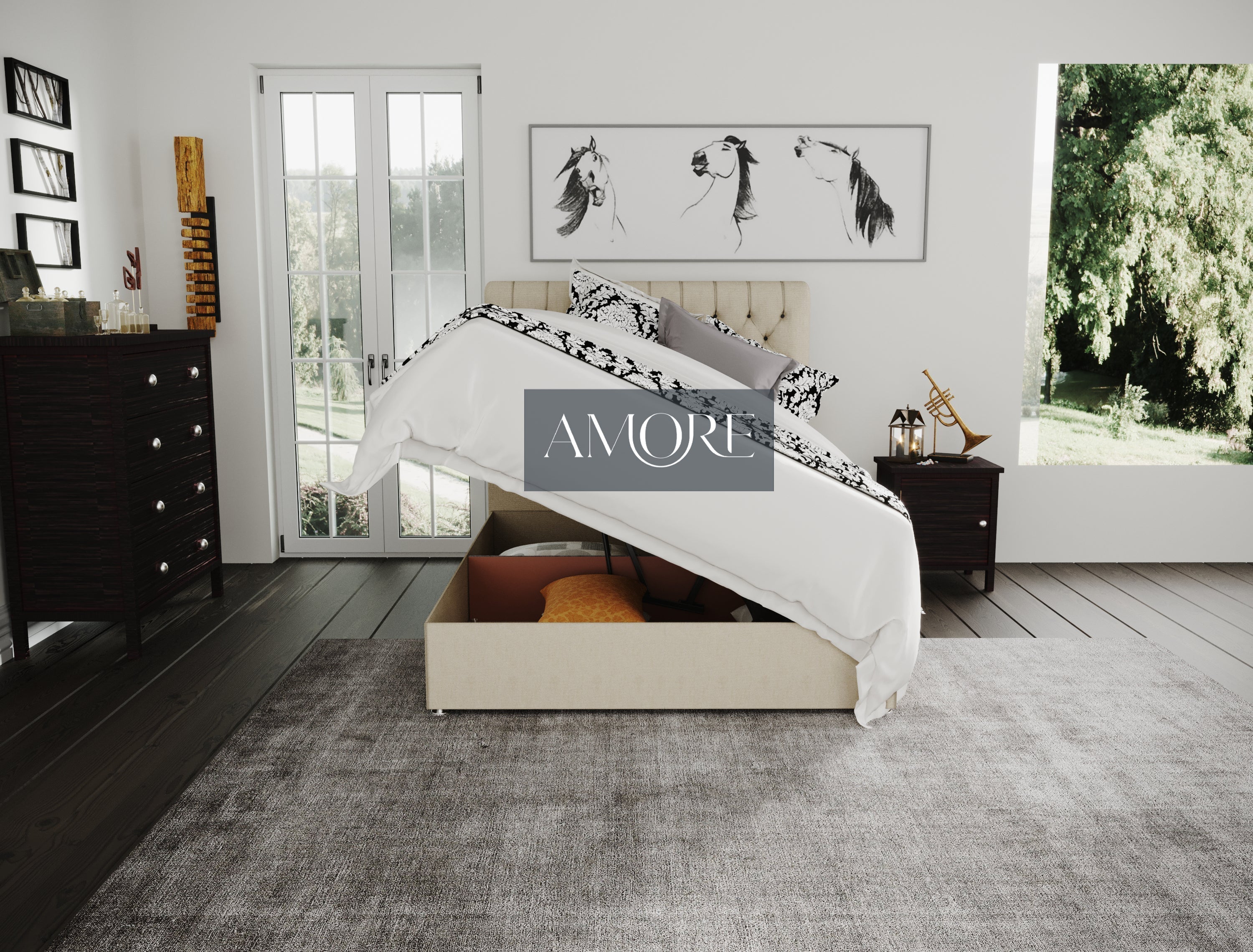 Braxton Chesterfield Sleigh Scroll Divan Ottoman Storage Bed - Amore