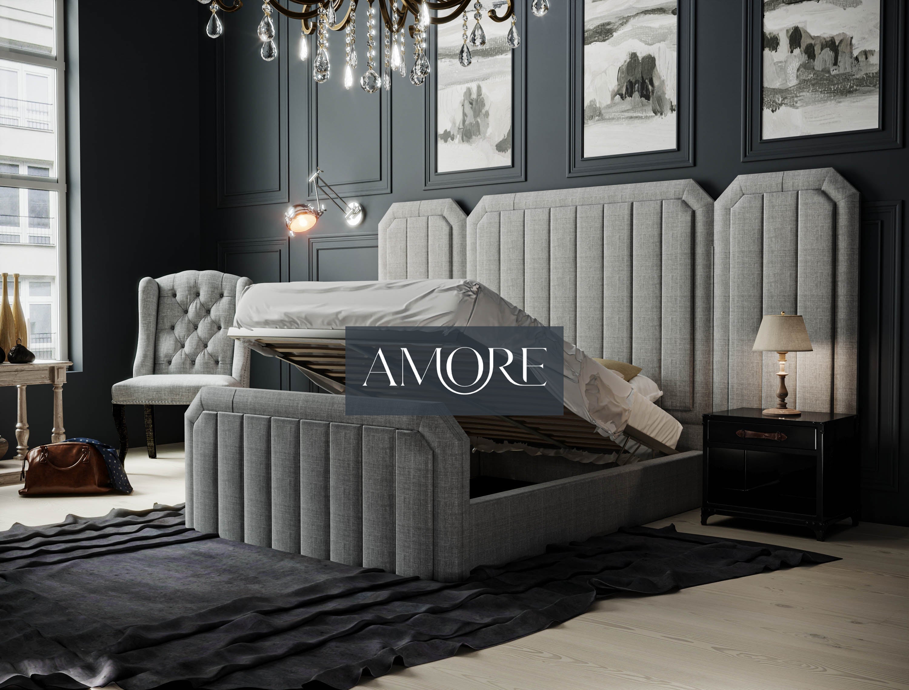 Lynn Wide Headboard Panelled Stripe Edge Bed, winged bed, tall headboard bed, fabric bed, upholstered bed, grey bed