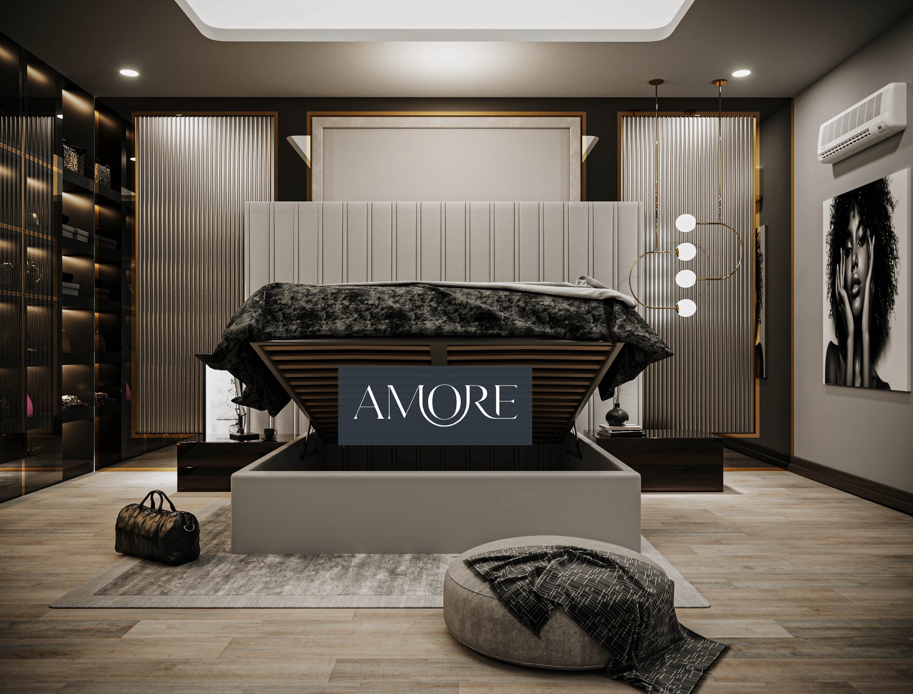 Wide headboard bed, isabella wide headboard panel stripe bed, big headboard bed, tall headboard bed, tall bed, stripe bed, stripe line bed, lines bed, panel bed, neutral color bed, upholstered bed, fabric bed, made in uk,