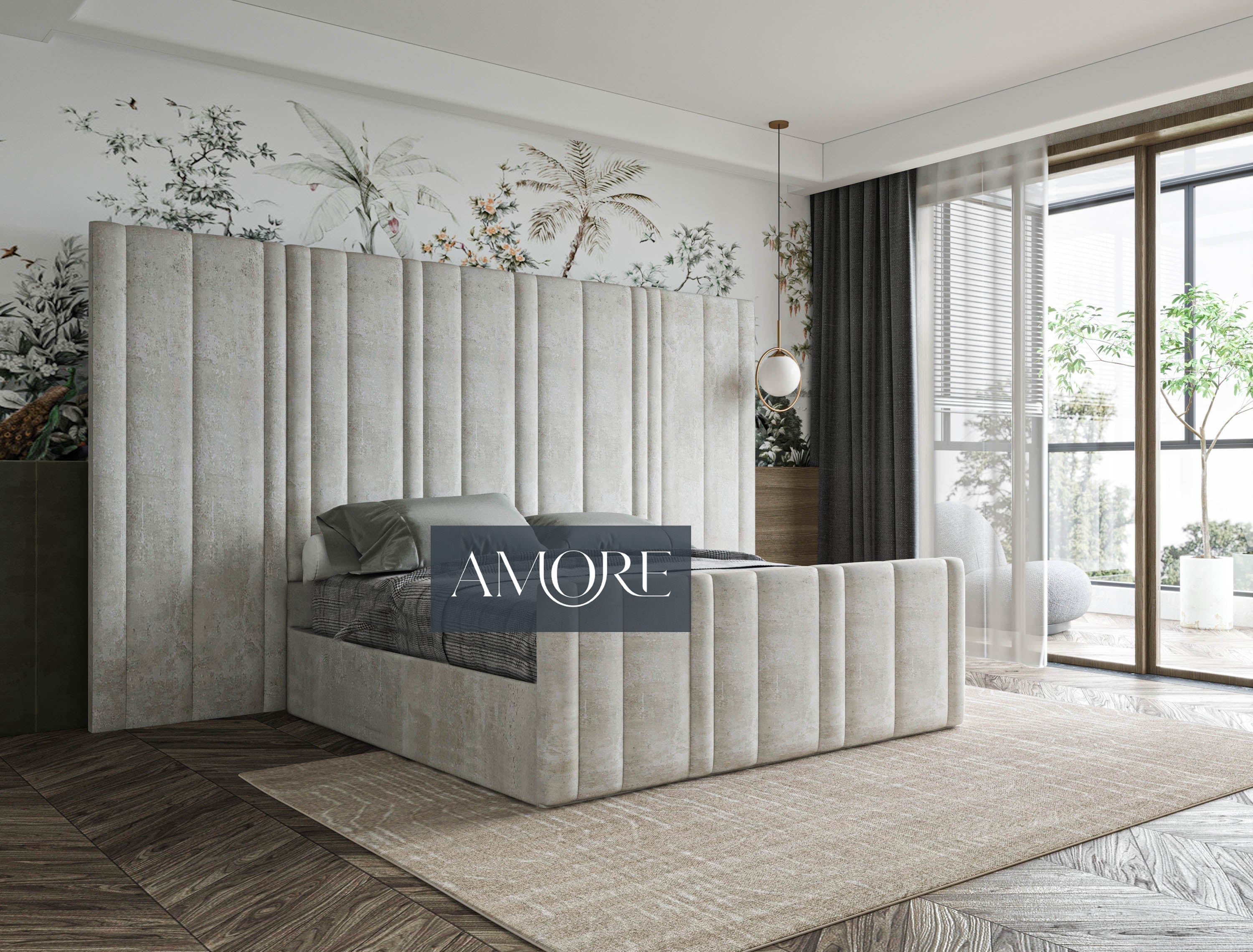 Kirsten Stripe Line Panel Wide Headboard Bed , Wide Headboard Bed, upholstered bed, fabric bed, luxury bed