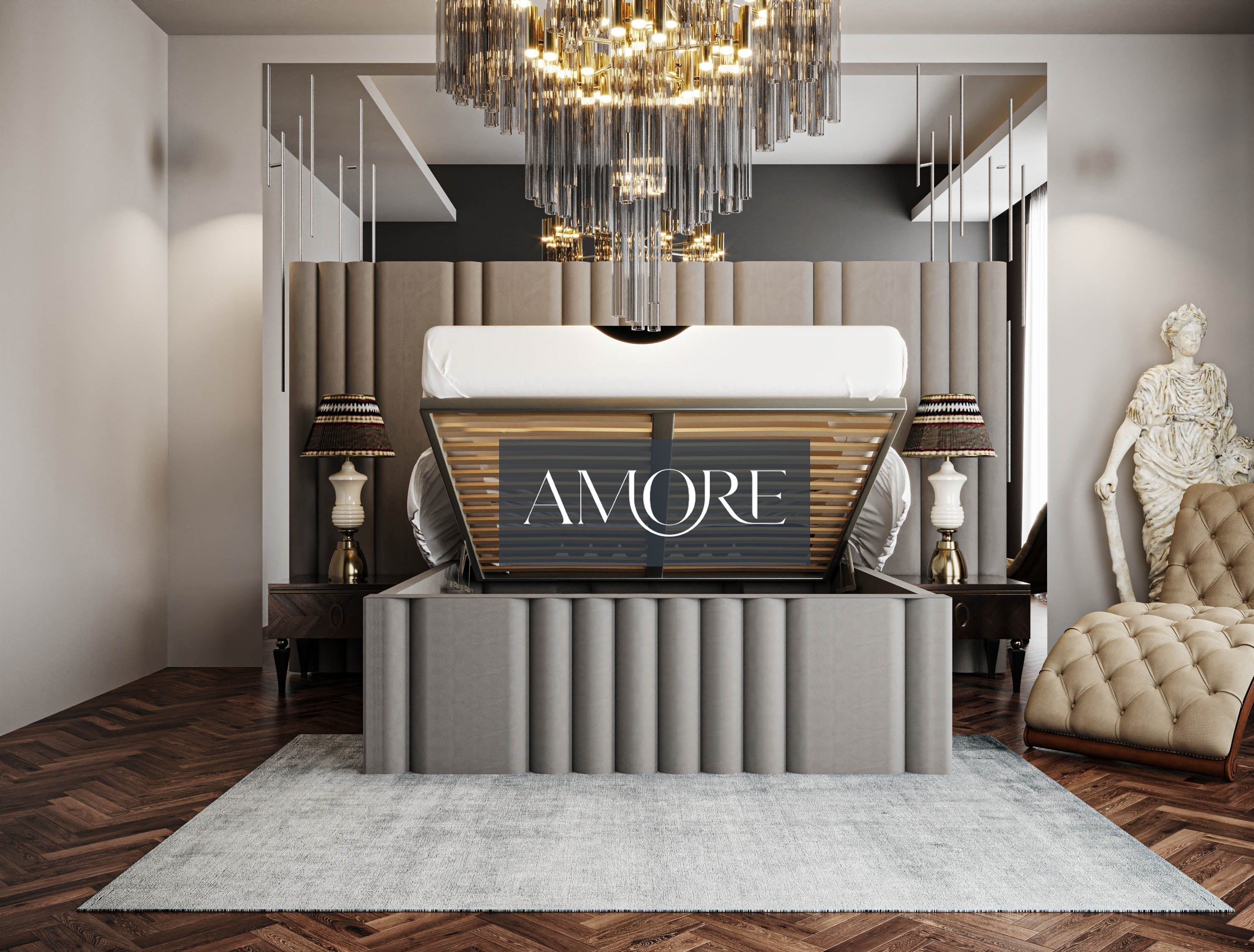 Mary Wide Headboard Panelled Stripe Bed, Chesterfield Bed, Brown Bed, Fabric Bed, Upholstered Bed, Luxury Bed, Designer Bed, Beds UK, Storage Bed, Under storage Bed