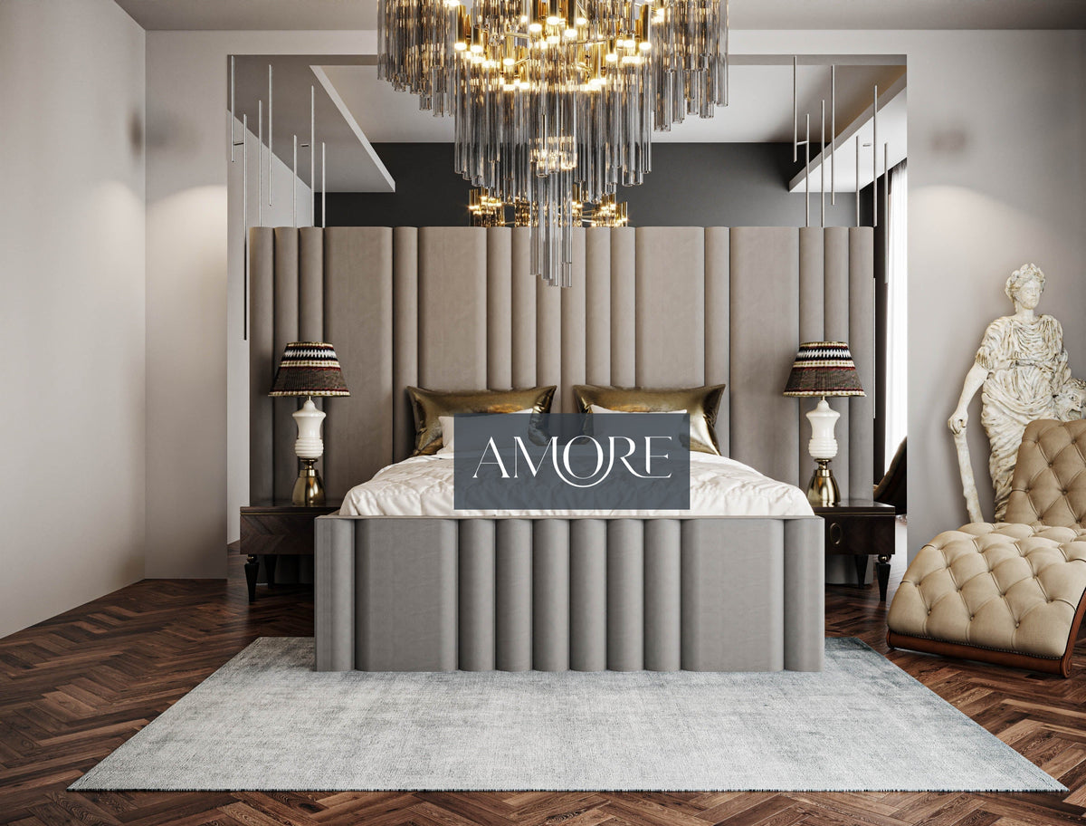 Mary Wide Headboard Panelled Stripe Bed, Chesterfield Bed, Brown Bed, Fabric Bed, Upholstered Bed, Luxury Bed, Designer Bed, Beds UK, Storage Bed, Under storage Bed