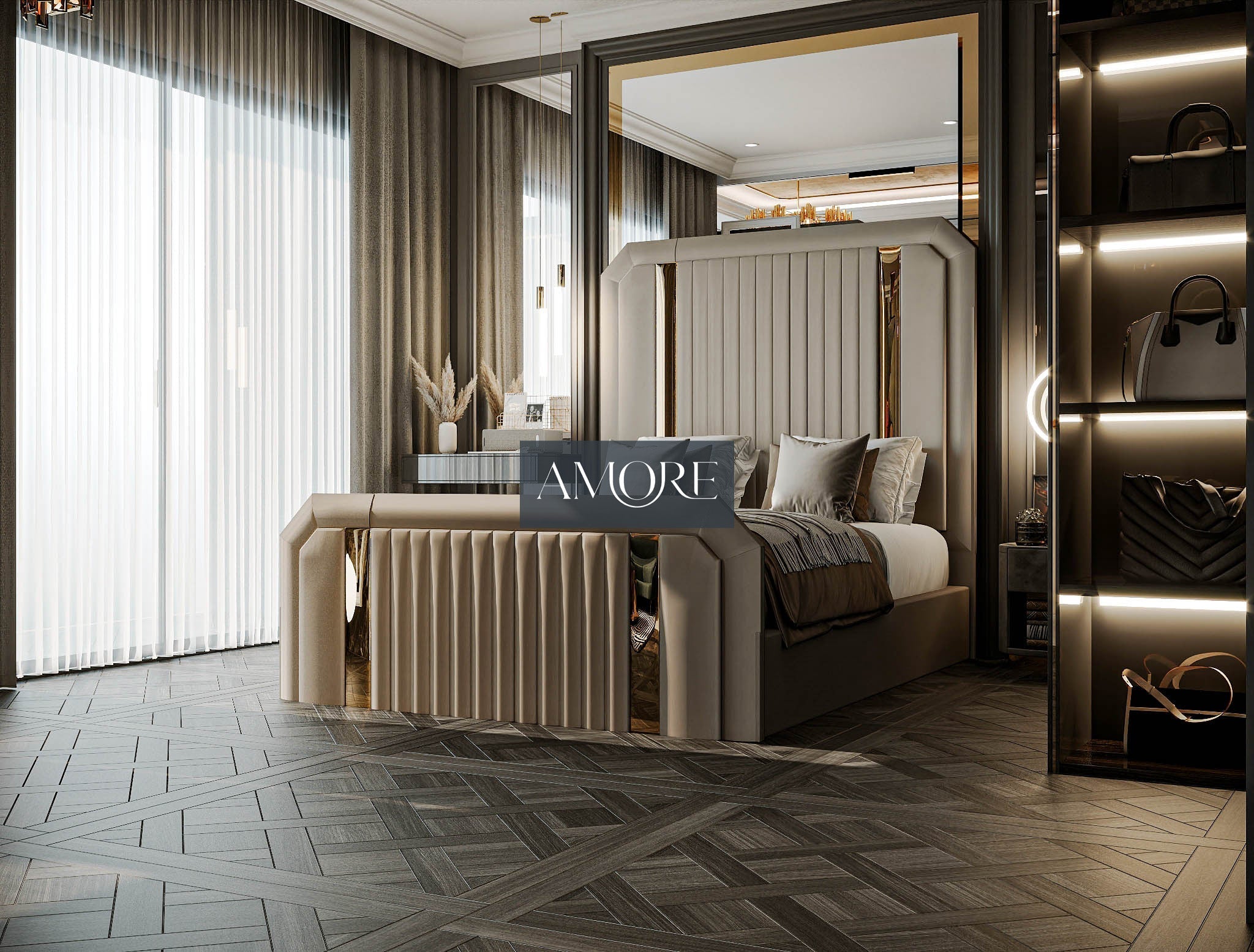 Samy Glossy Gold Strip Elegance Bed