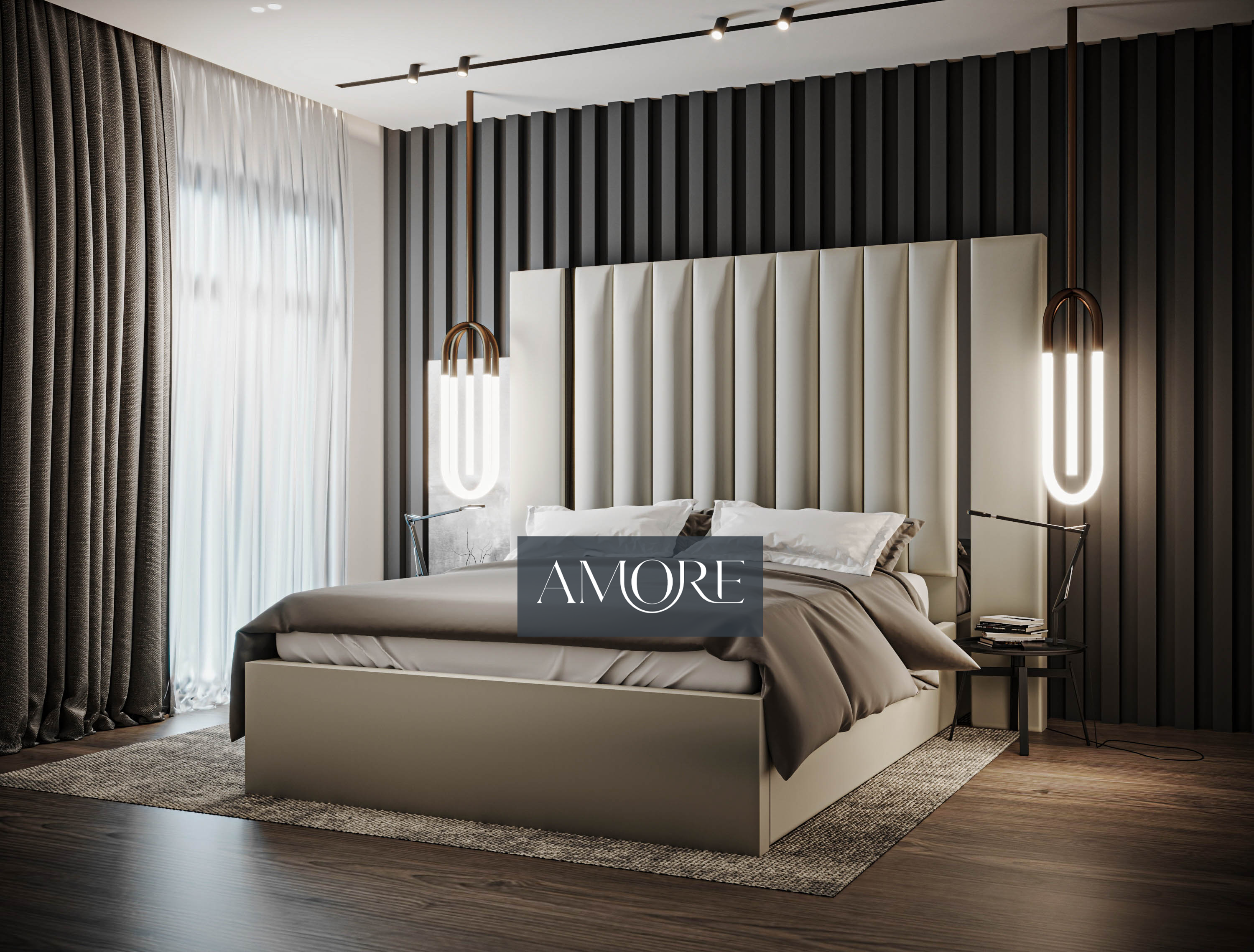 Aurora Wide Extended Headboard Mirror Stripe Panelled Bed