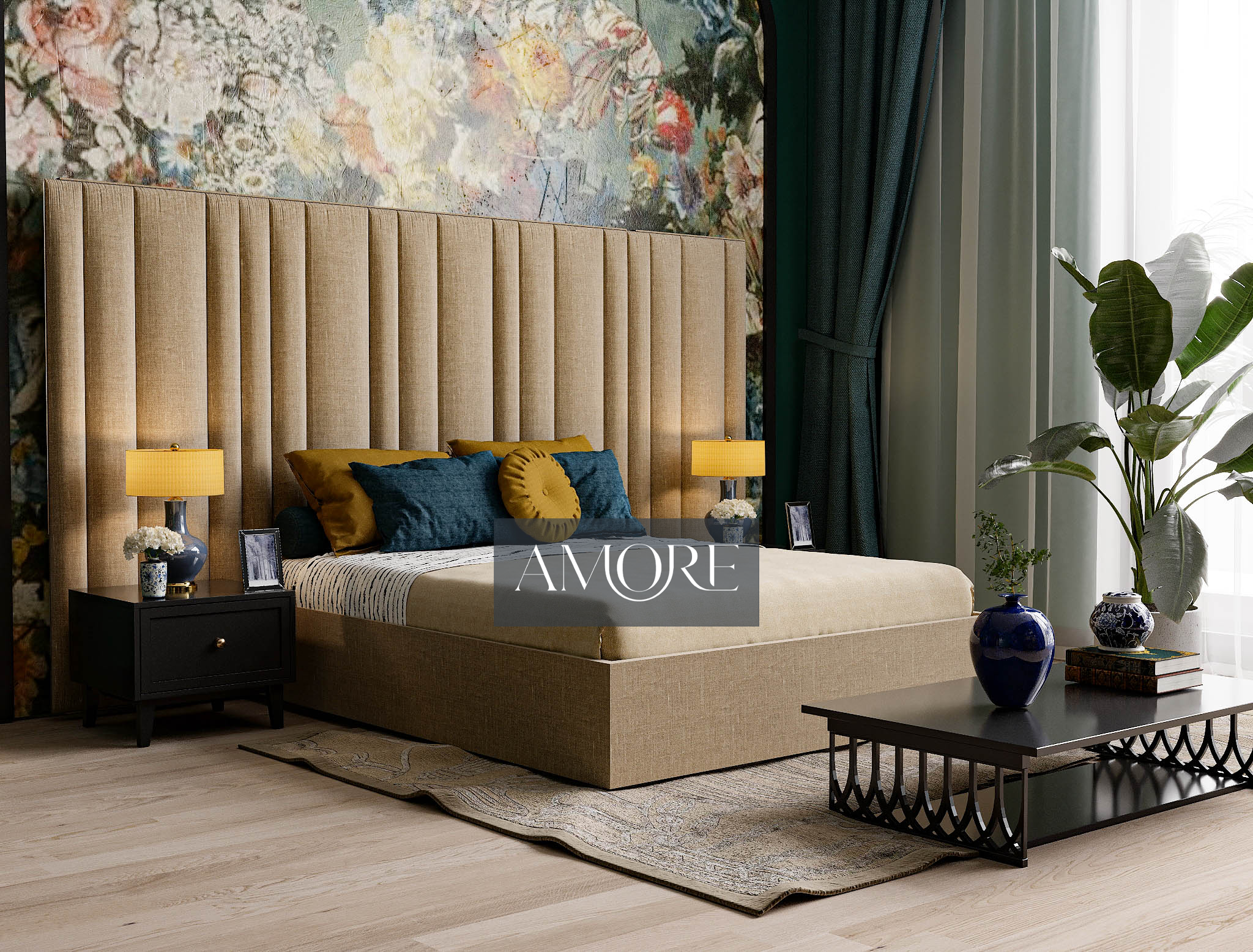 Oscar Wide Headboard Stripe Lines Linear Bed