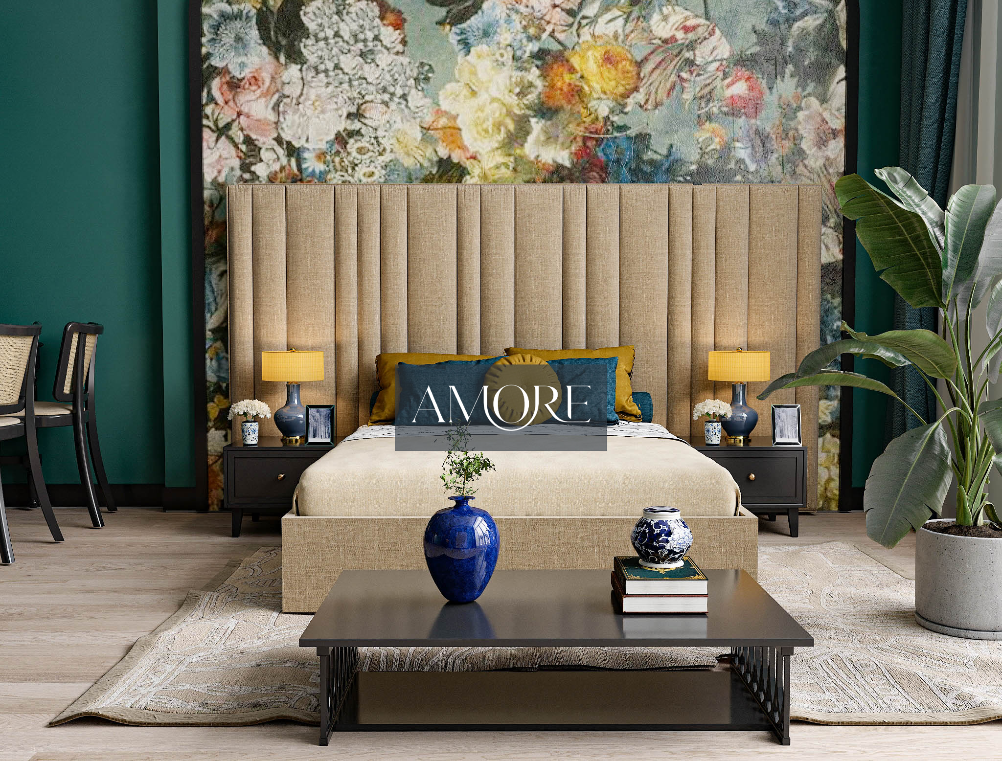 Oscar Wide Headboard Stripe Lines Linear Bed