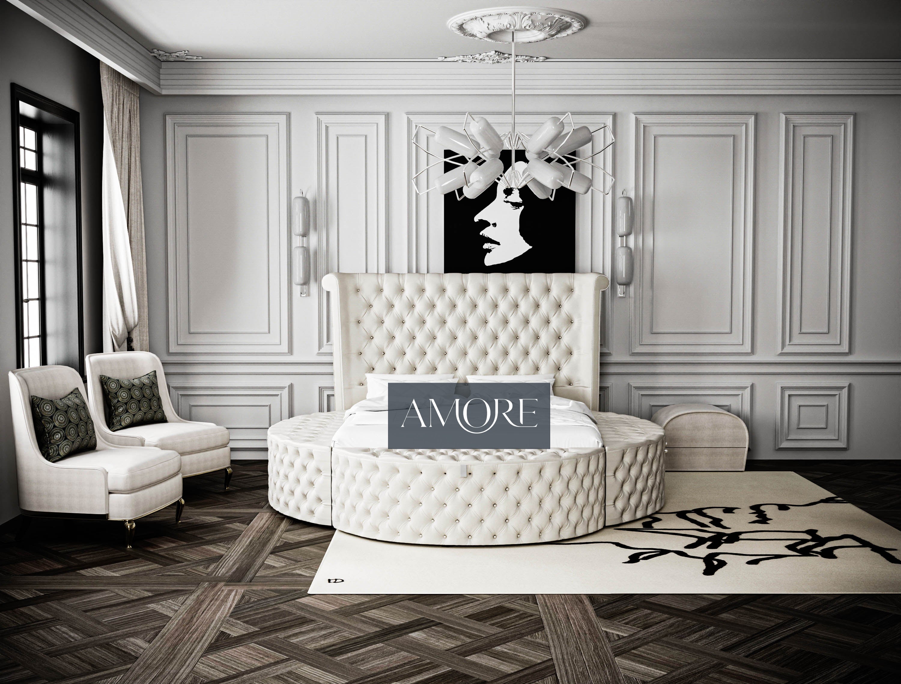Deacon Round Chesterfield Storage Bed, Round Bed, Round fabric bed, UK bed, upholstered bed, cream velvet bed,cream bed