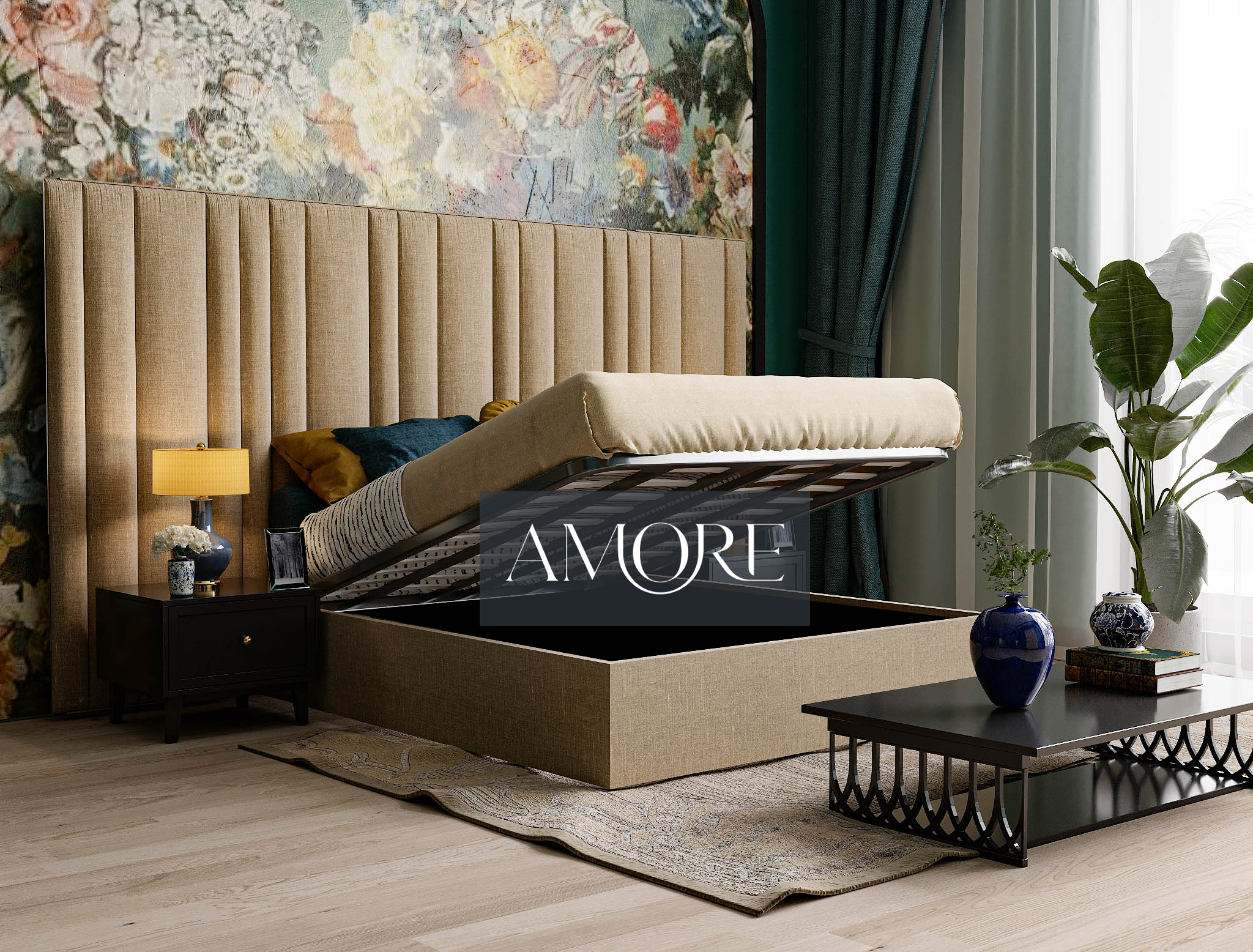 Oscar Wide Headboard Stripe Lines Linear Bed