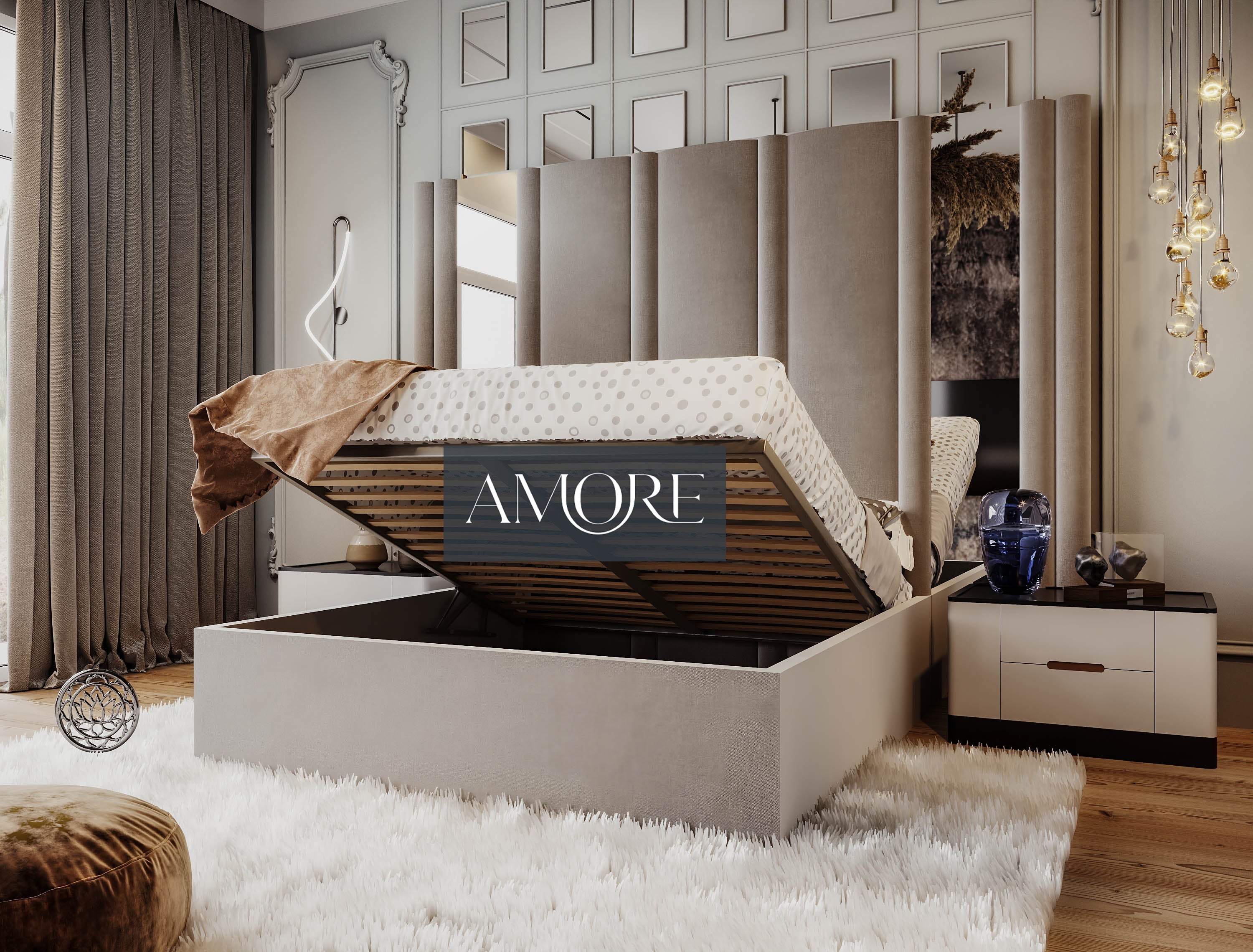 Celia Hybrid Mirror Wide Extended Headboard Bed, Mirror Bed, Wide headboard bed, extended headboard bed