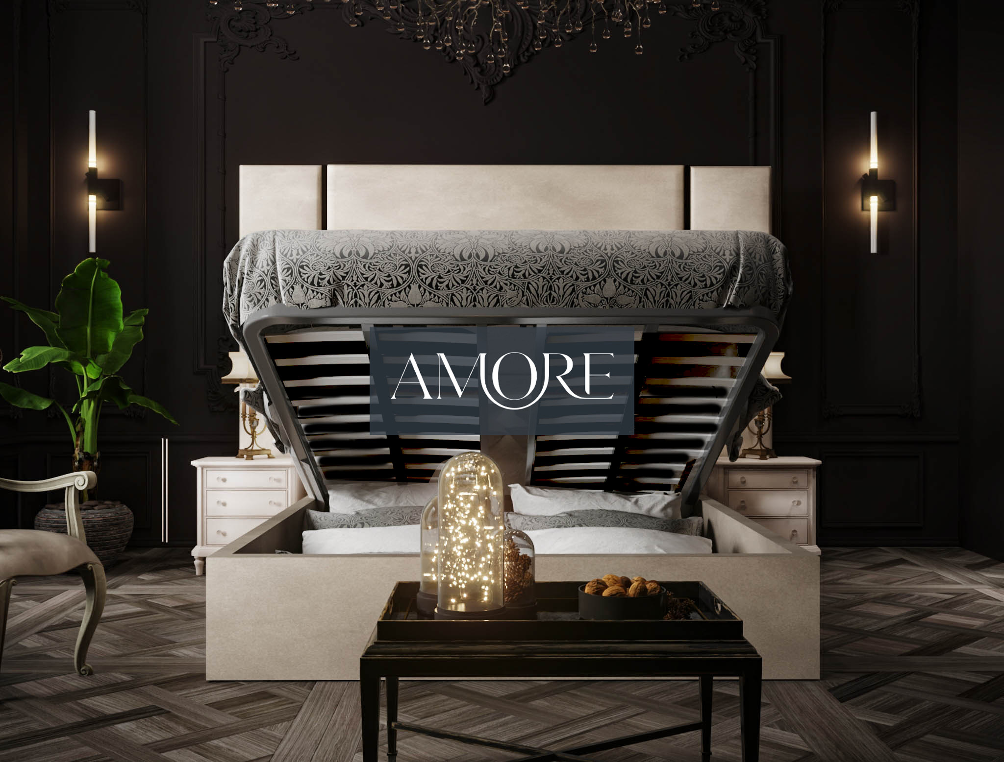 Alexander Elegance Glossy Trim Wider Headboard Bed, Extended headboard bed, Wide headboard bed, New Bed, Chesterfield bed, Fabric Bed