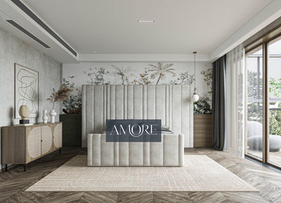 Kirsten Stripe Line Panel Wide Headboard Bed , Wide Headboard Bed, upholstered bed, fabric bed, luxury bed