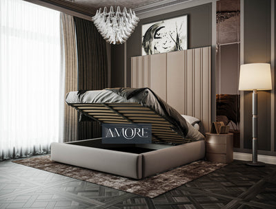 Medburn Wide Headboard Panel Stripe Bed, Wide headboard bed, tall headboard bed, upholstered bed, fabric bed, sensatori bed