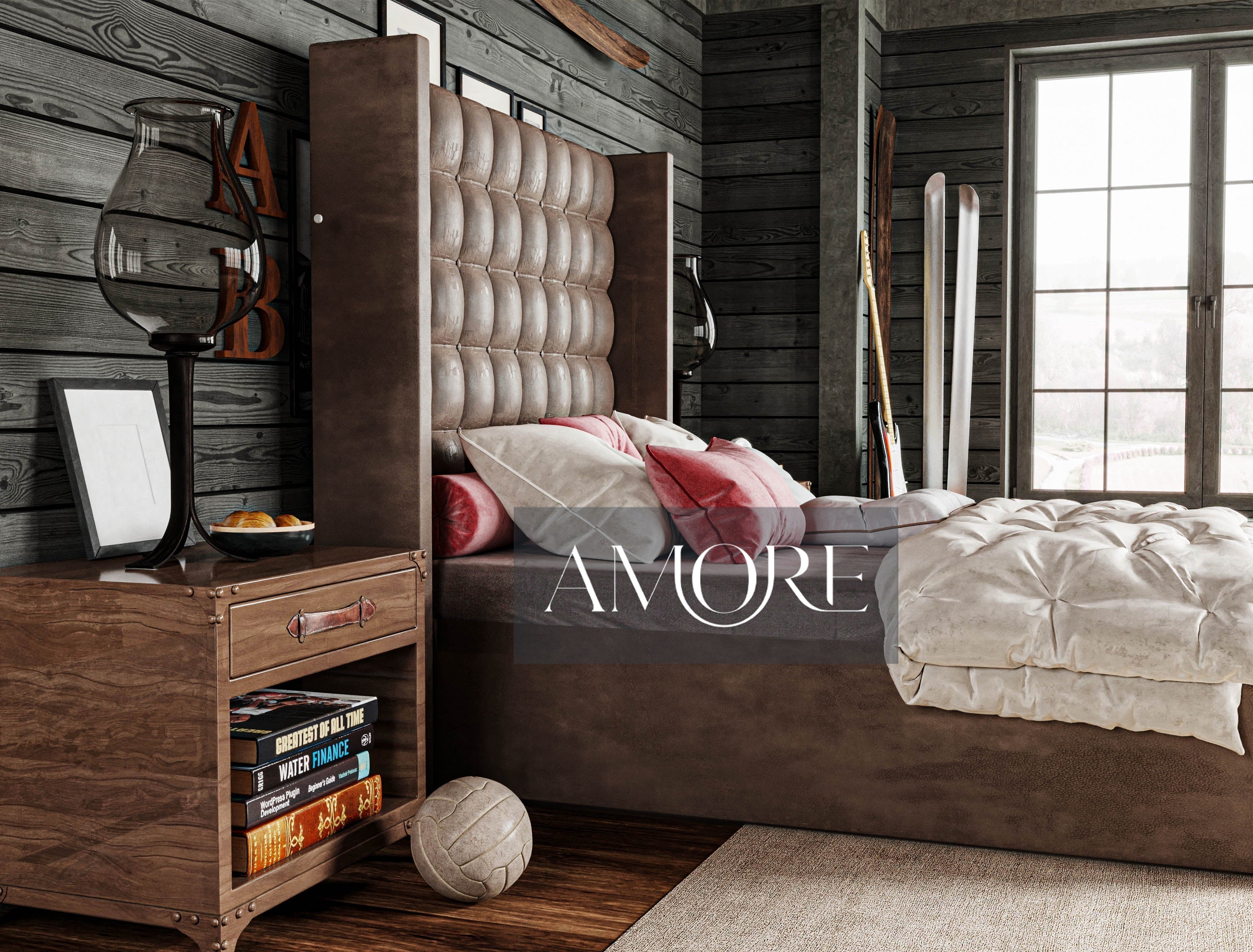 Isabelle Tall Headboard Winged Cube Design Bed - Amore