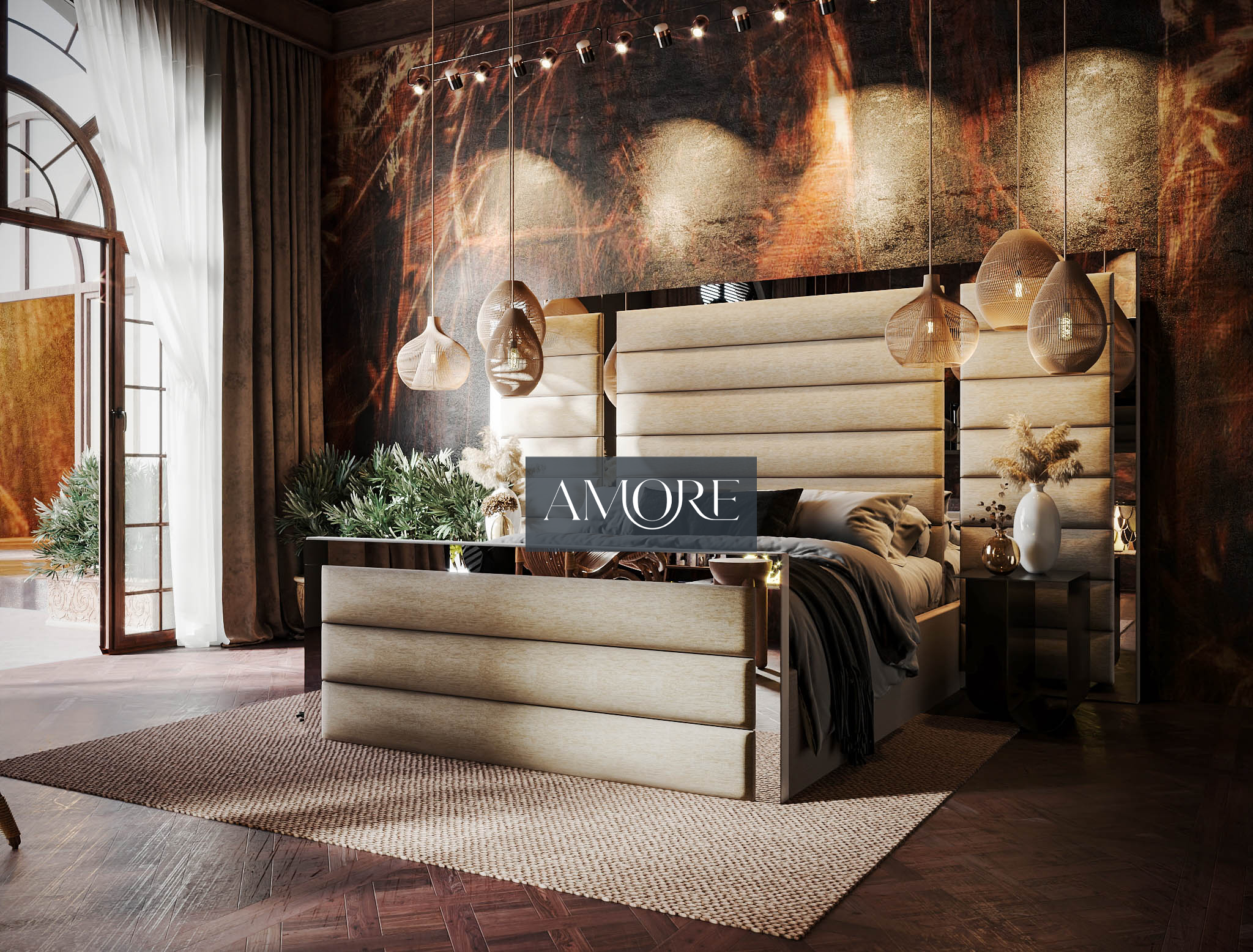 Buckingham Wide Extended Headboard Mirror Stripe Line Panelled Bed, Extended headboard bed, Wide headboard bed, Tall Headboard Bed, Cream Bed, Fabric bed