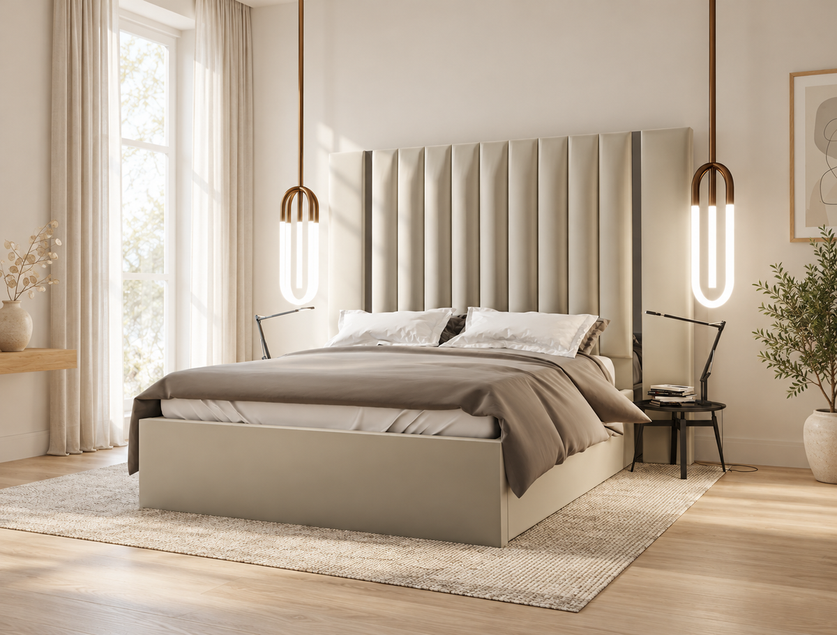 Aurora Wide Extended Headboard Mirror Stripe Panelled Bed