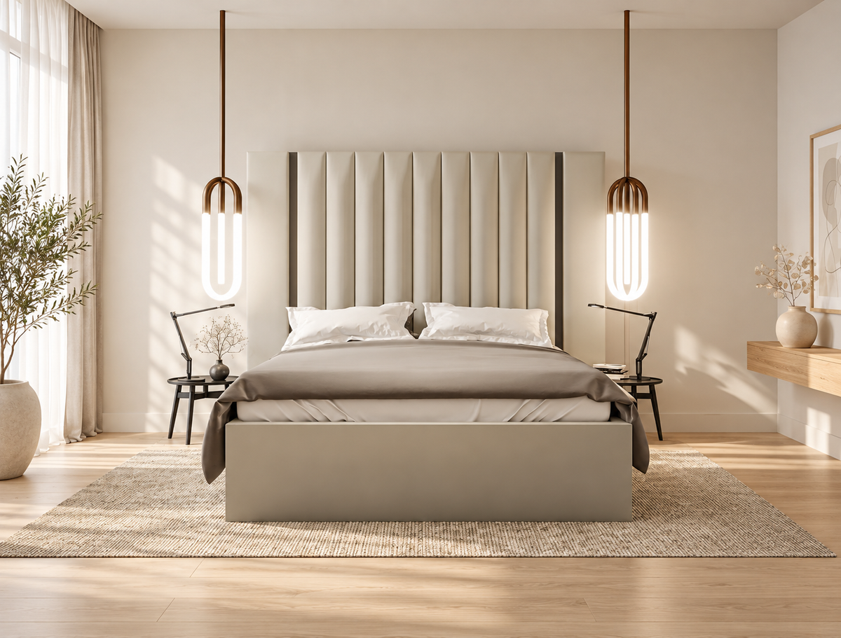 Aurora Wide Extended Headboard Mirror Stripe Panelled Bed