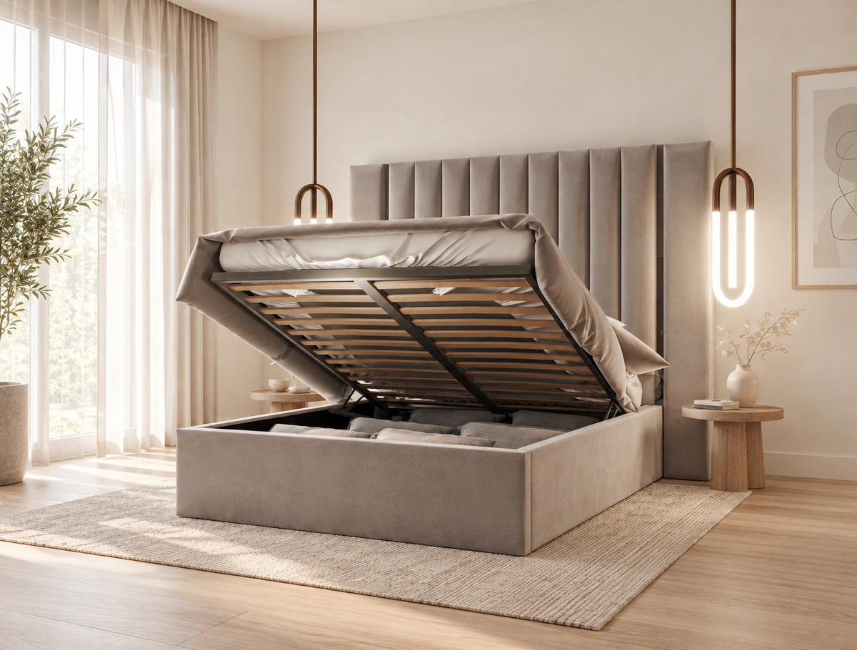 Aurora Wide Extended Headboard Mirror Stripe Panelled Bed