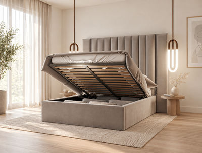 Aurora Wide Extended Headboard Mirror Stripe Panelled Bed