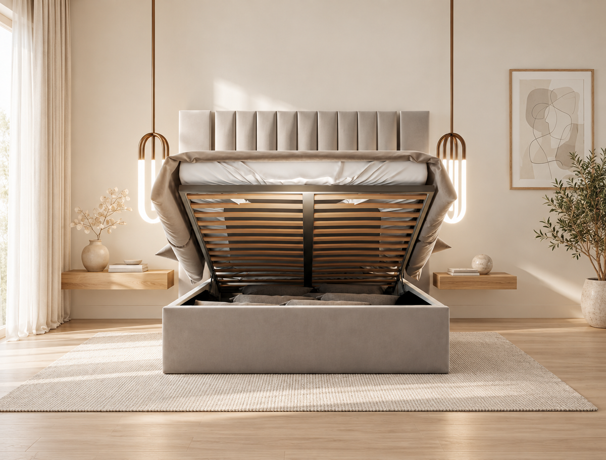 Aurora Wide Extended Headboard Mirror Stripe Panelled Bed